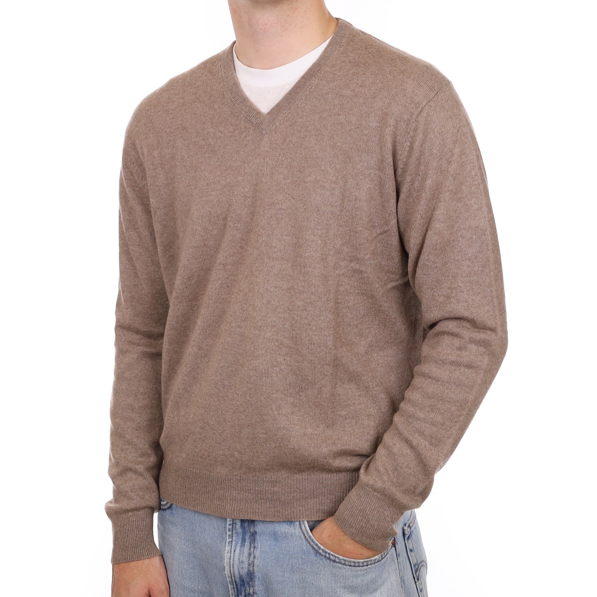 Men's Taupe Brown Cashmere V Neck Jumper Large