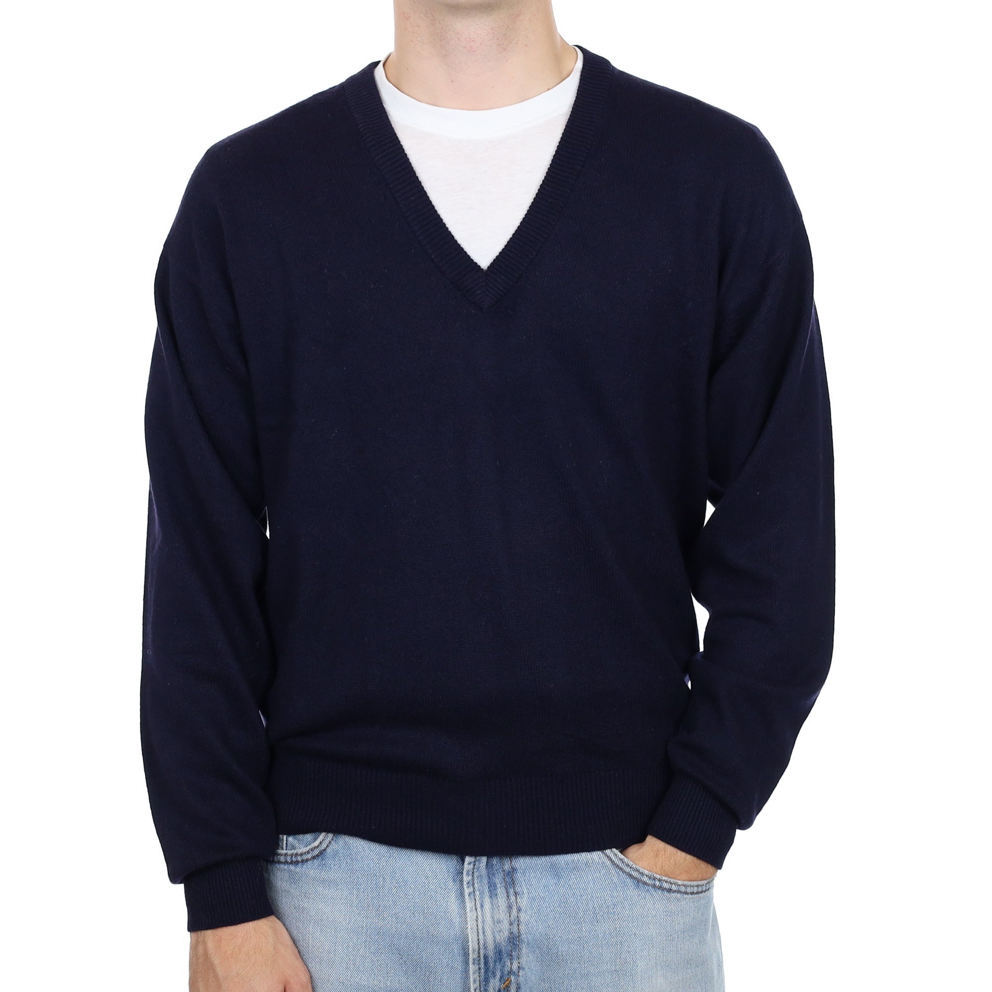 Men's Navy Cashmere Low V Neck Jumper Large