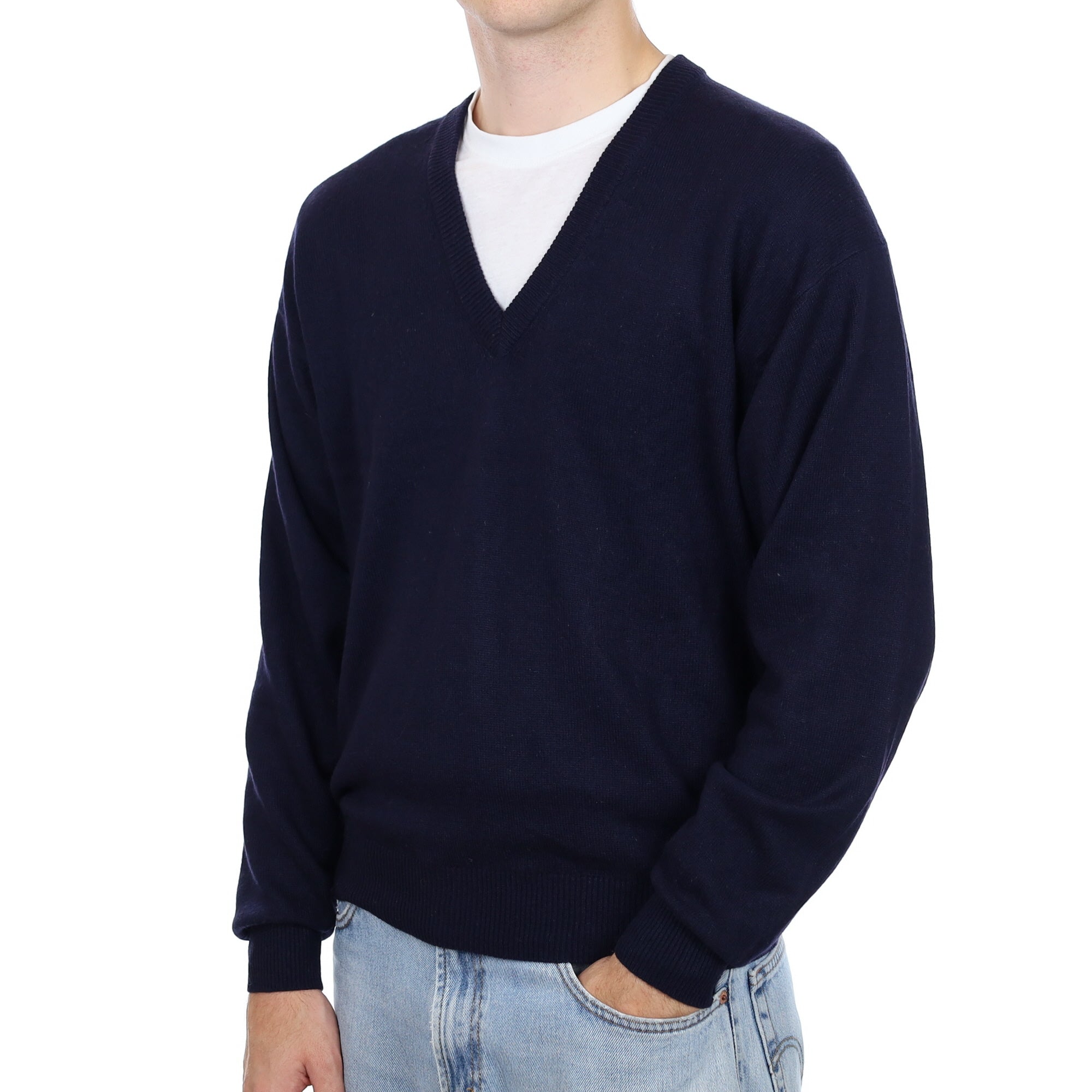 Men's Navy Cashmere Low V Neck Jumper Large