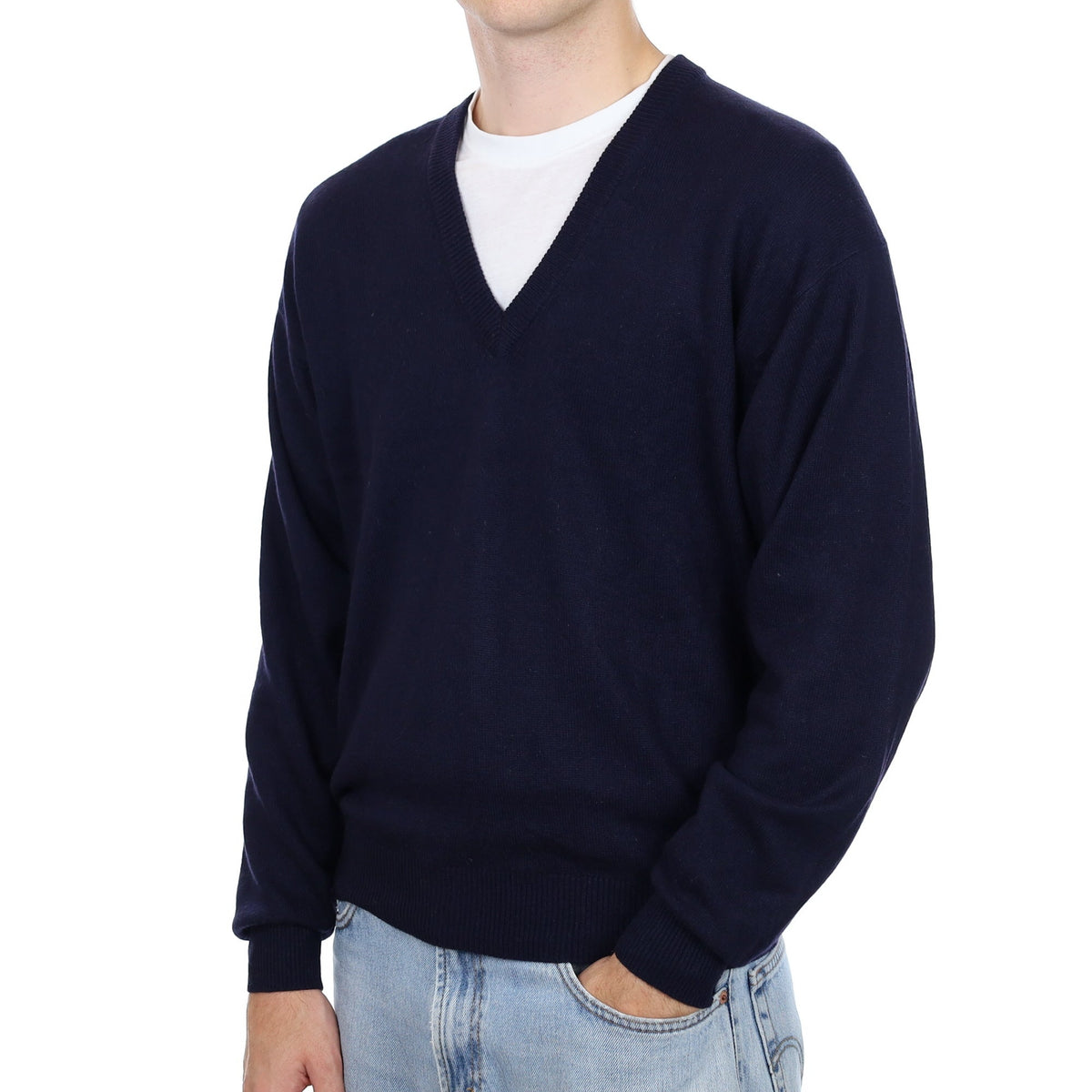 Men's Navy Cashmere Low V Neck Jumper Large