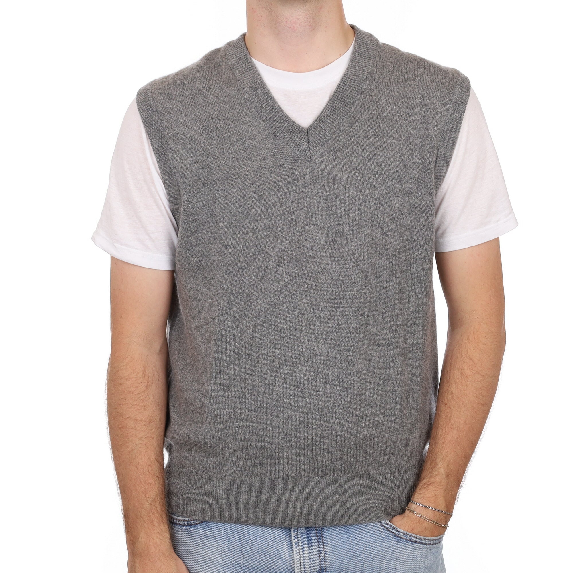 Men's Ash Grey Cashmere V Neck Tank Top Large