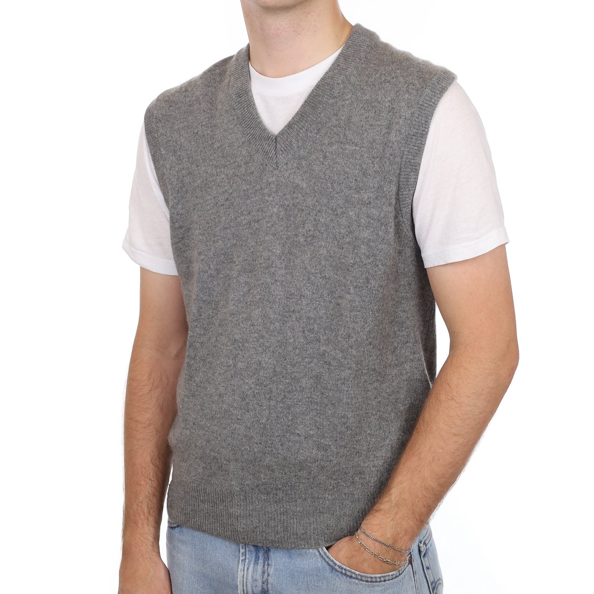 Men's Ash Grey Cashmere V Neck Tank Top Large