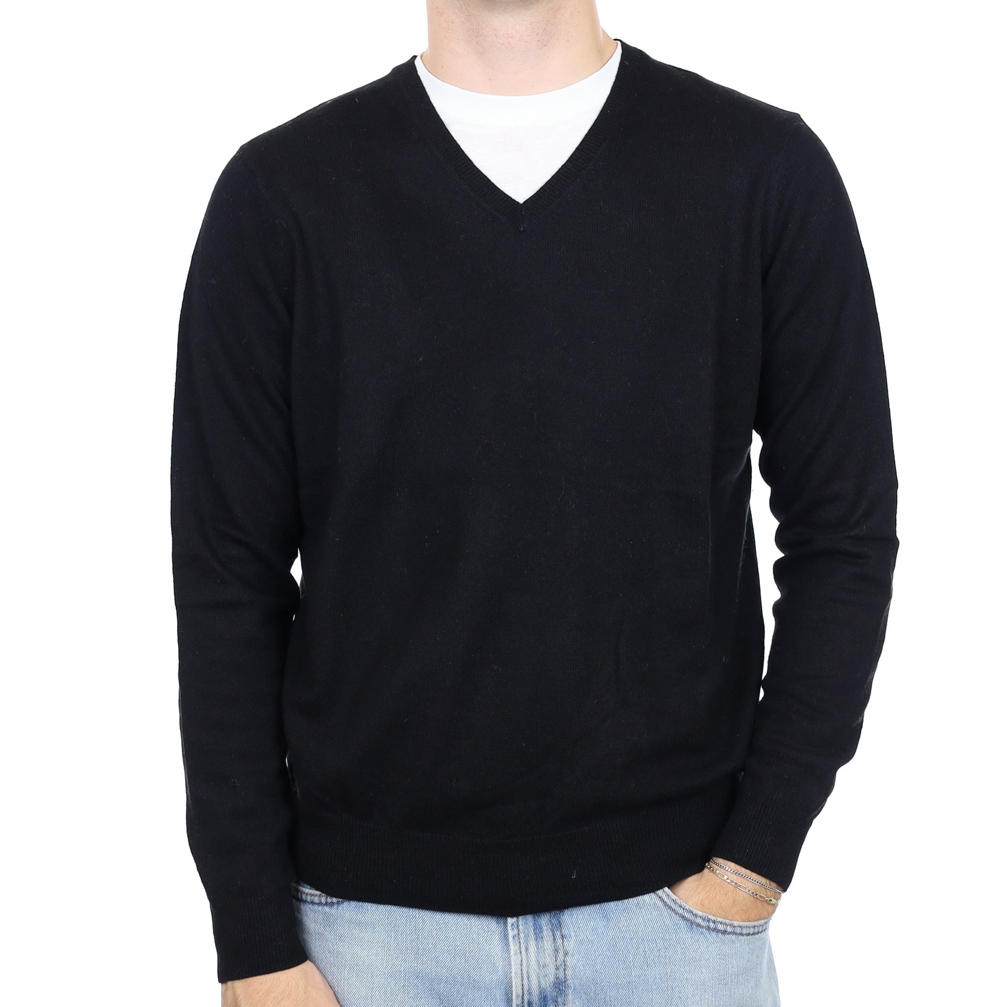 Men's Black Cashmere V Neck Jumper Large