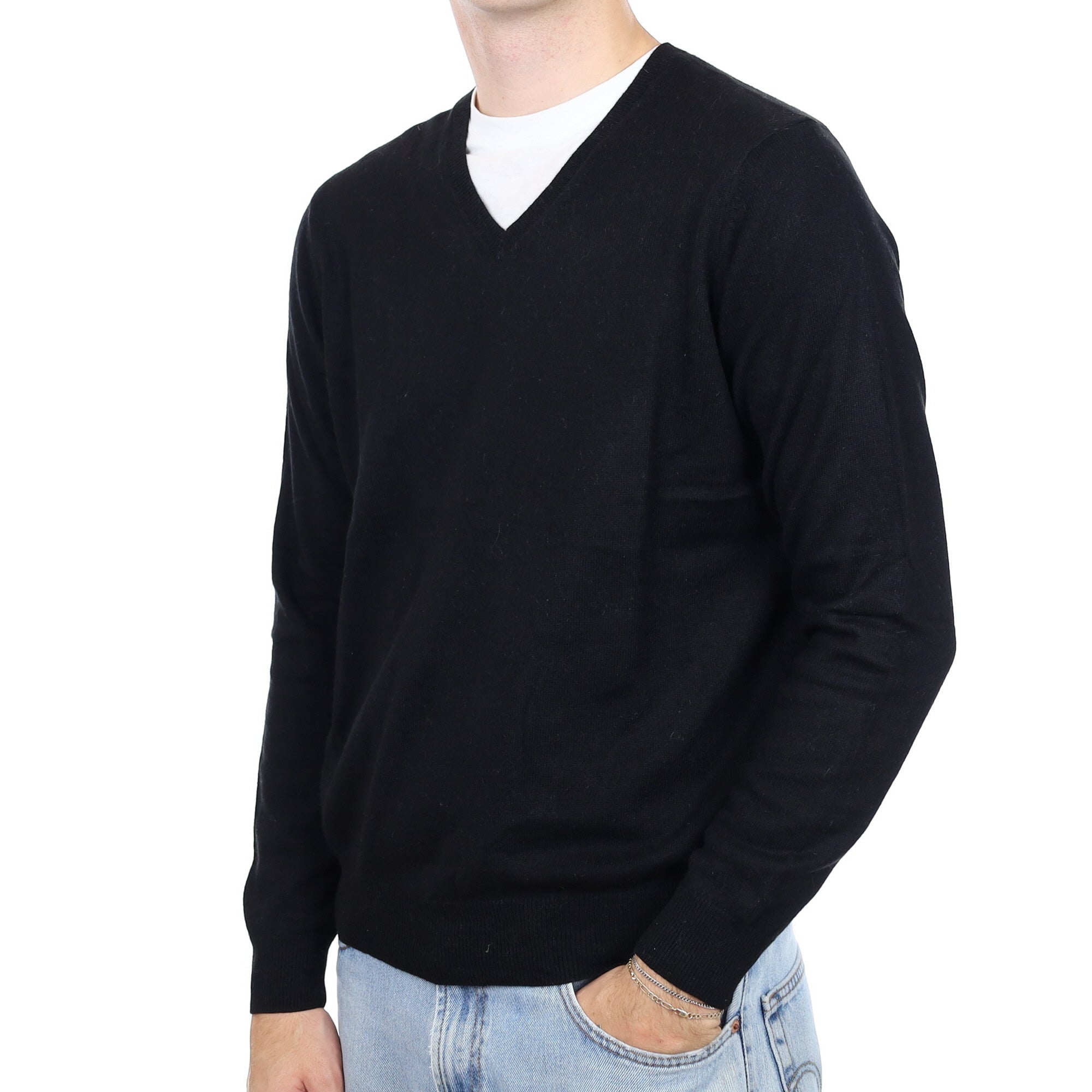 Men's Black Cashmere V Neck Jumper Large