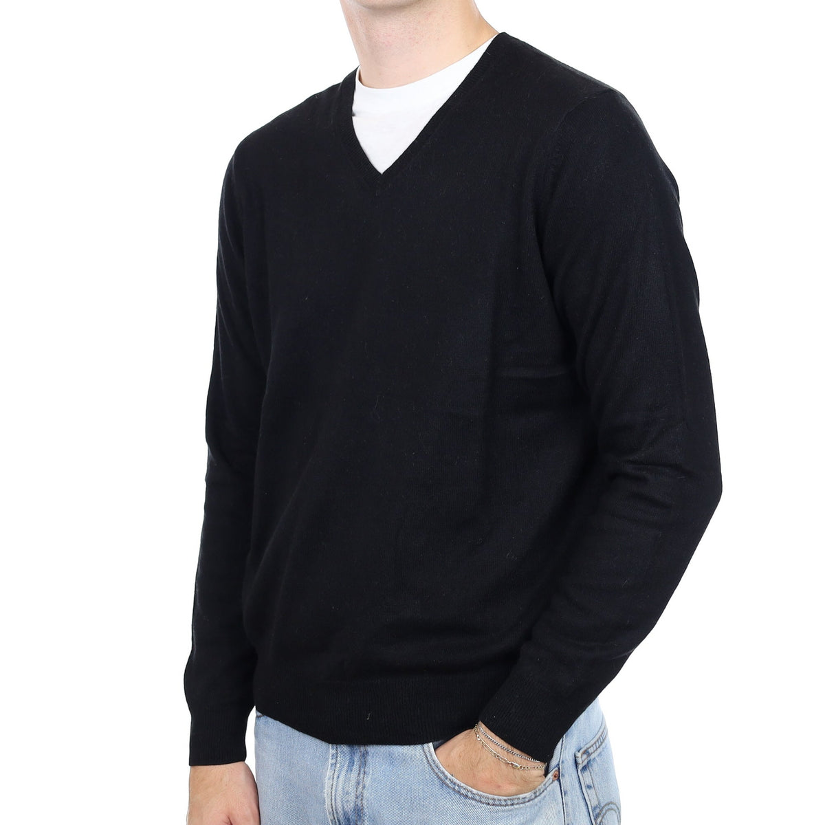 Men's Black Cashmere V Neck Jumper Large