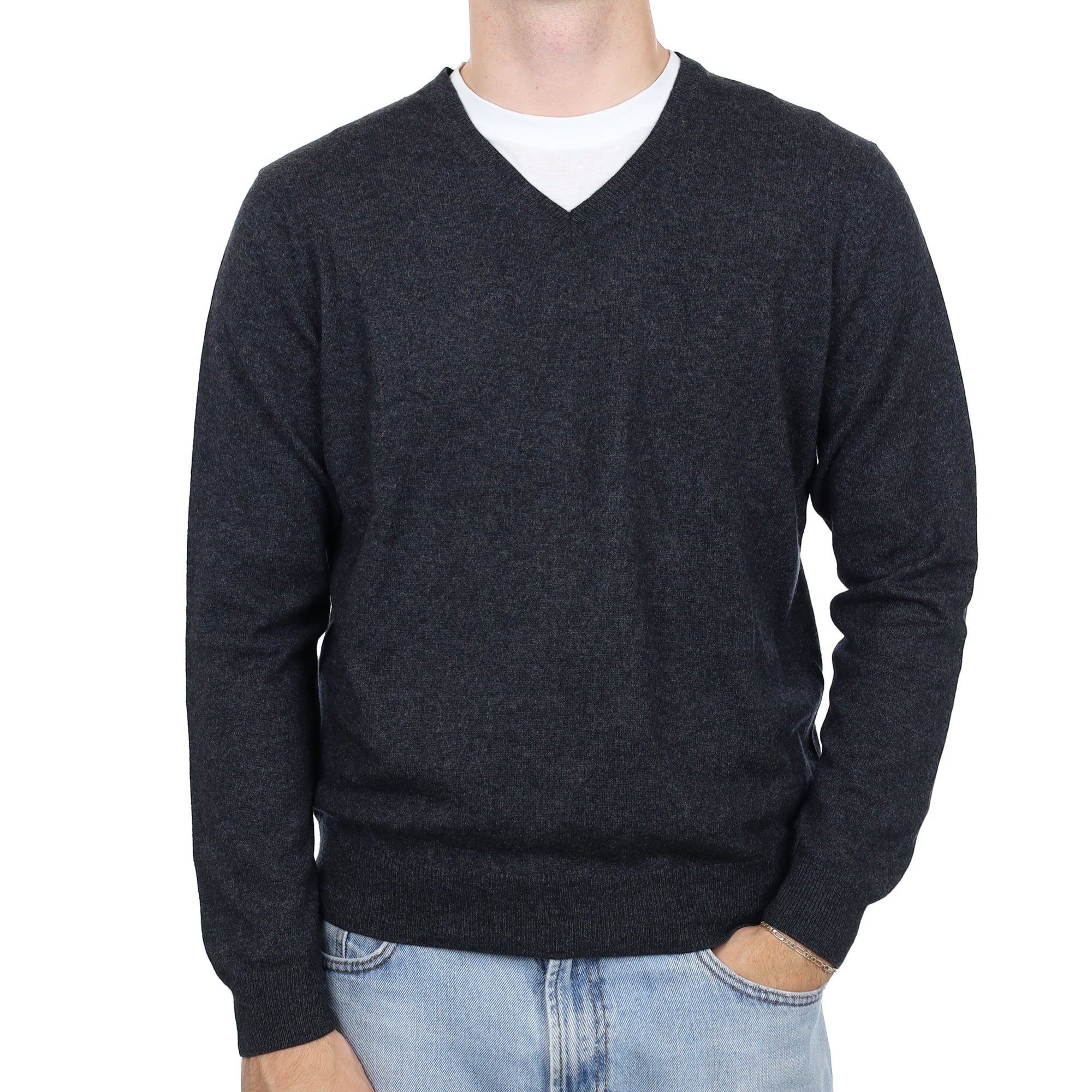 Men's Charcoal Grey Cashmere V Neck Jumper Large