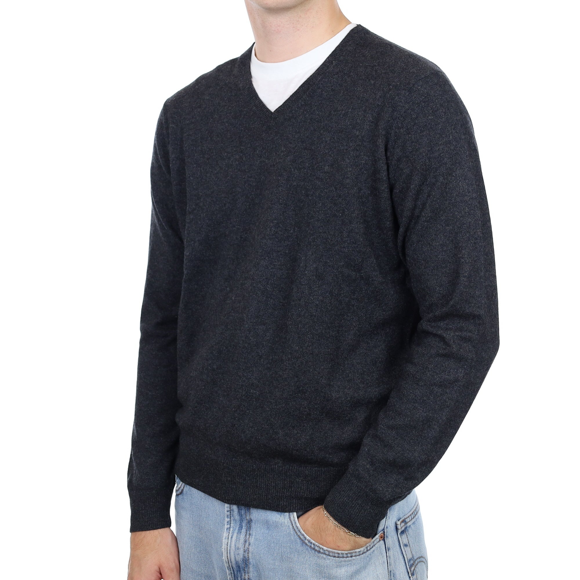 Men's Charcoal Grey Cashmere V Neck Jumper Large