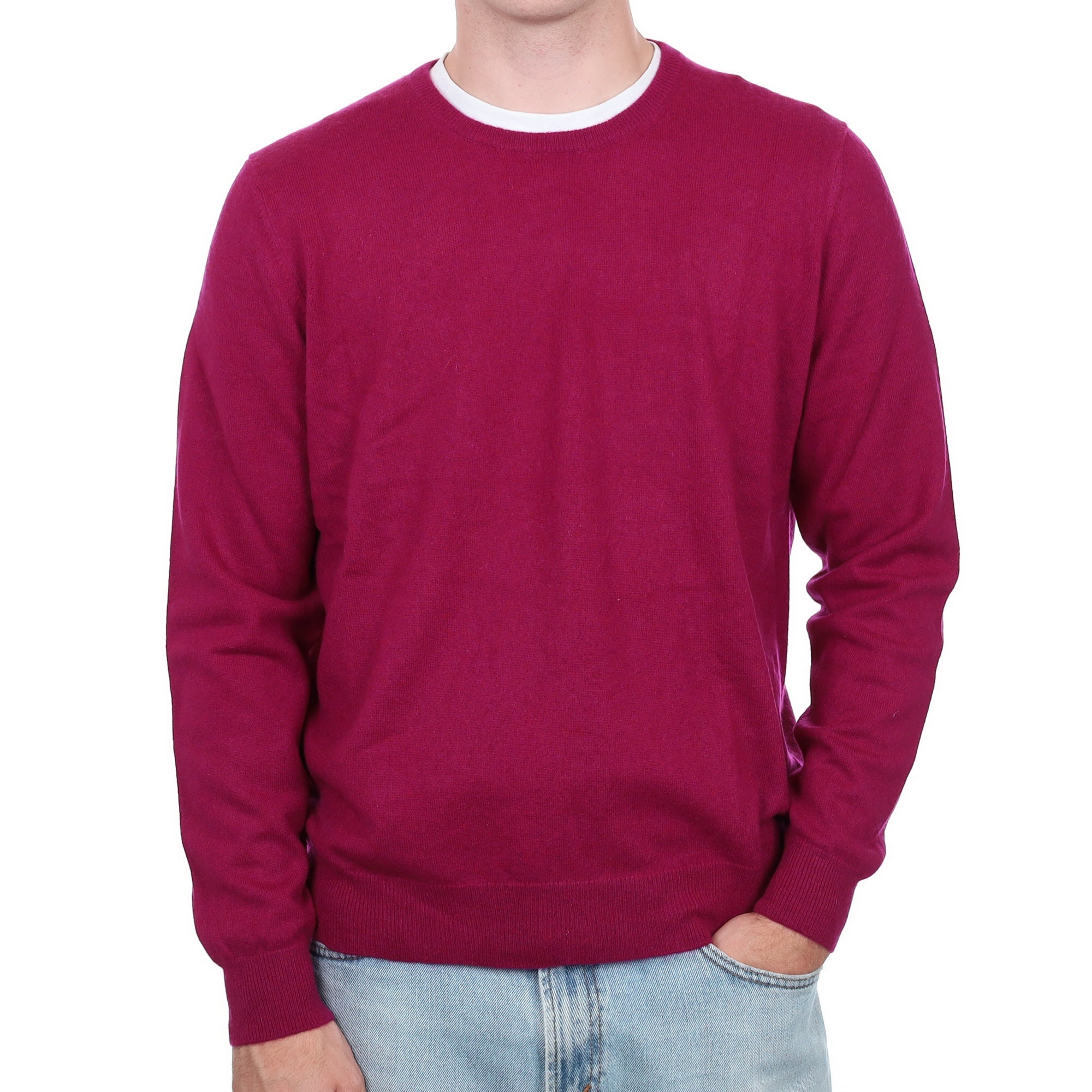 Men's Deep Cherry Pink Cashmere Crew Neck Jumper Large