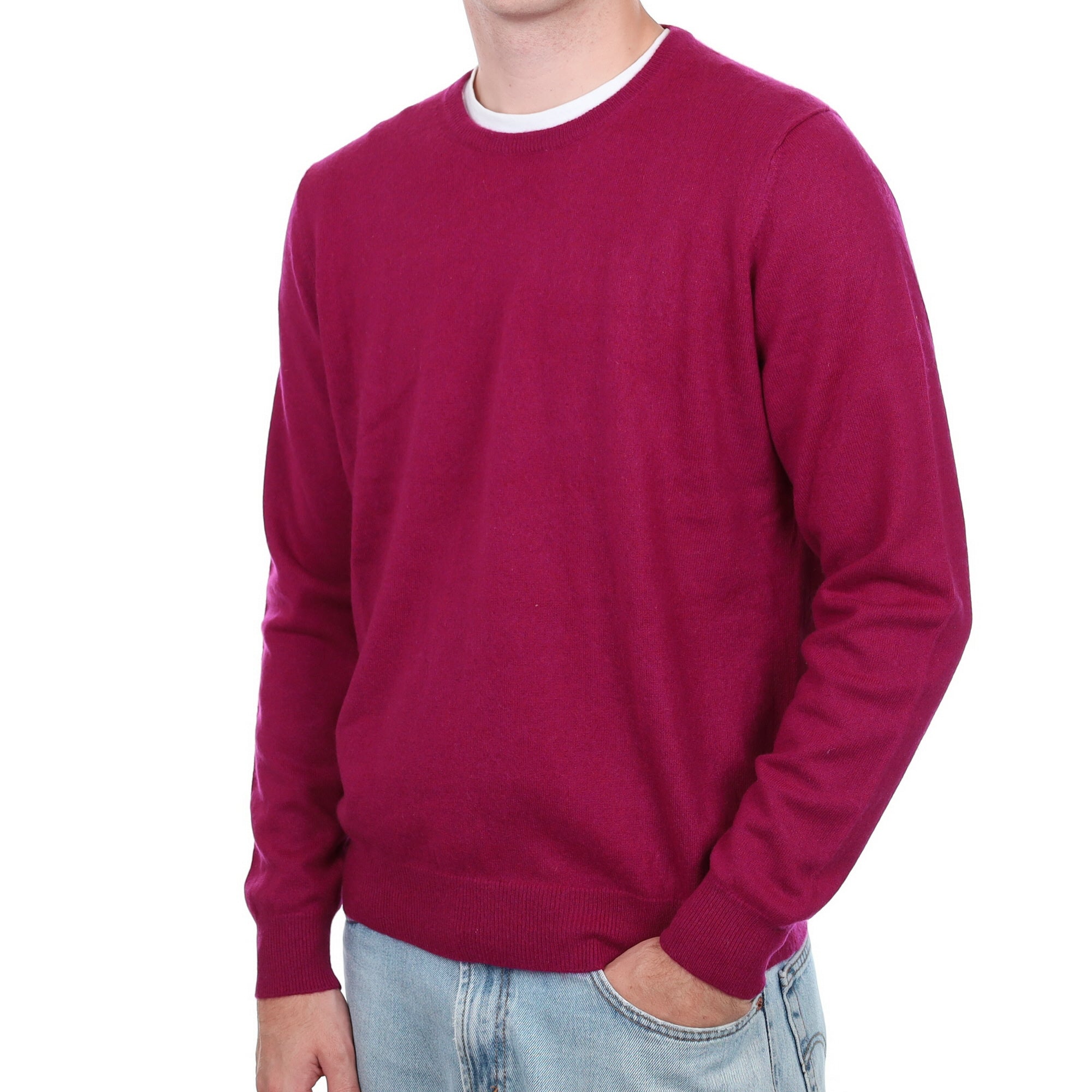 Men's Deep Cherry Pink Cashmere Crew Neck Jumper Large