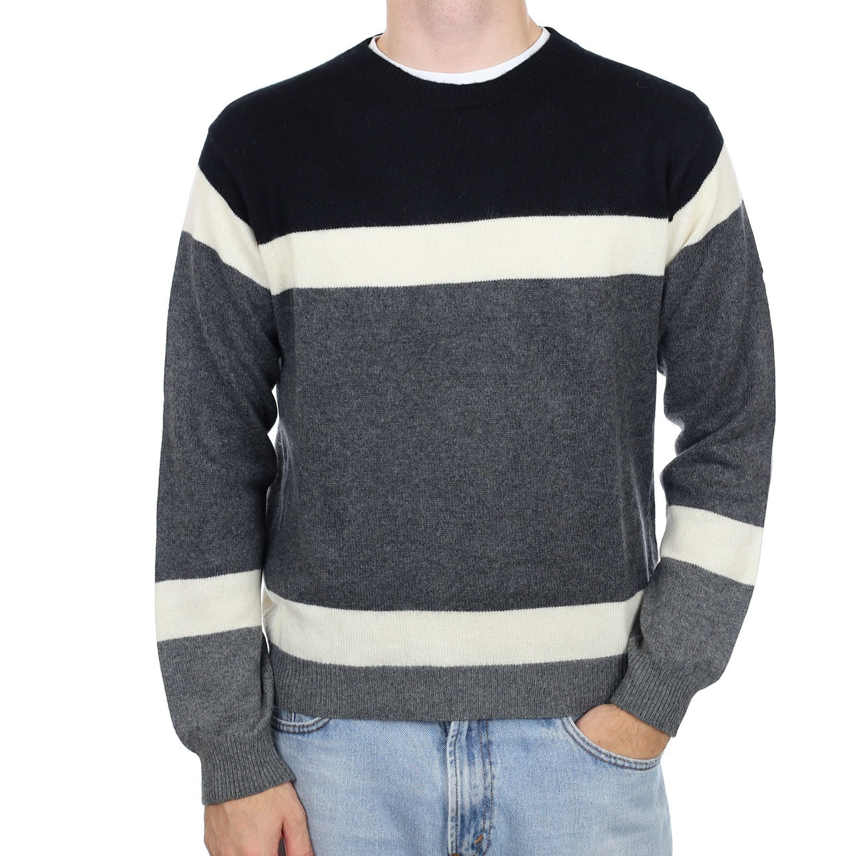Men's British Grey Stripe Cashmere Crew Neck Jumper Large