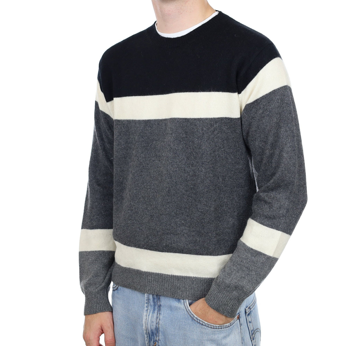 Men's British Grey Stripe Cashmere Crew Neck Jumper Large
