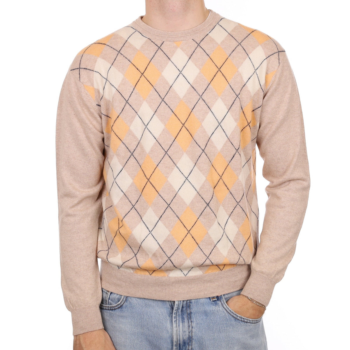 Men's Biscuit and Apricot Diamond Cashmere Crew Neck Jumper Large