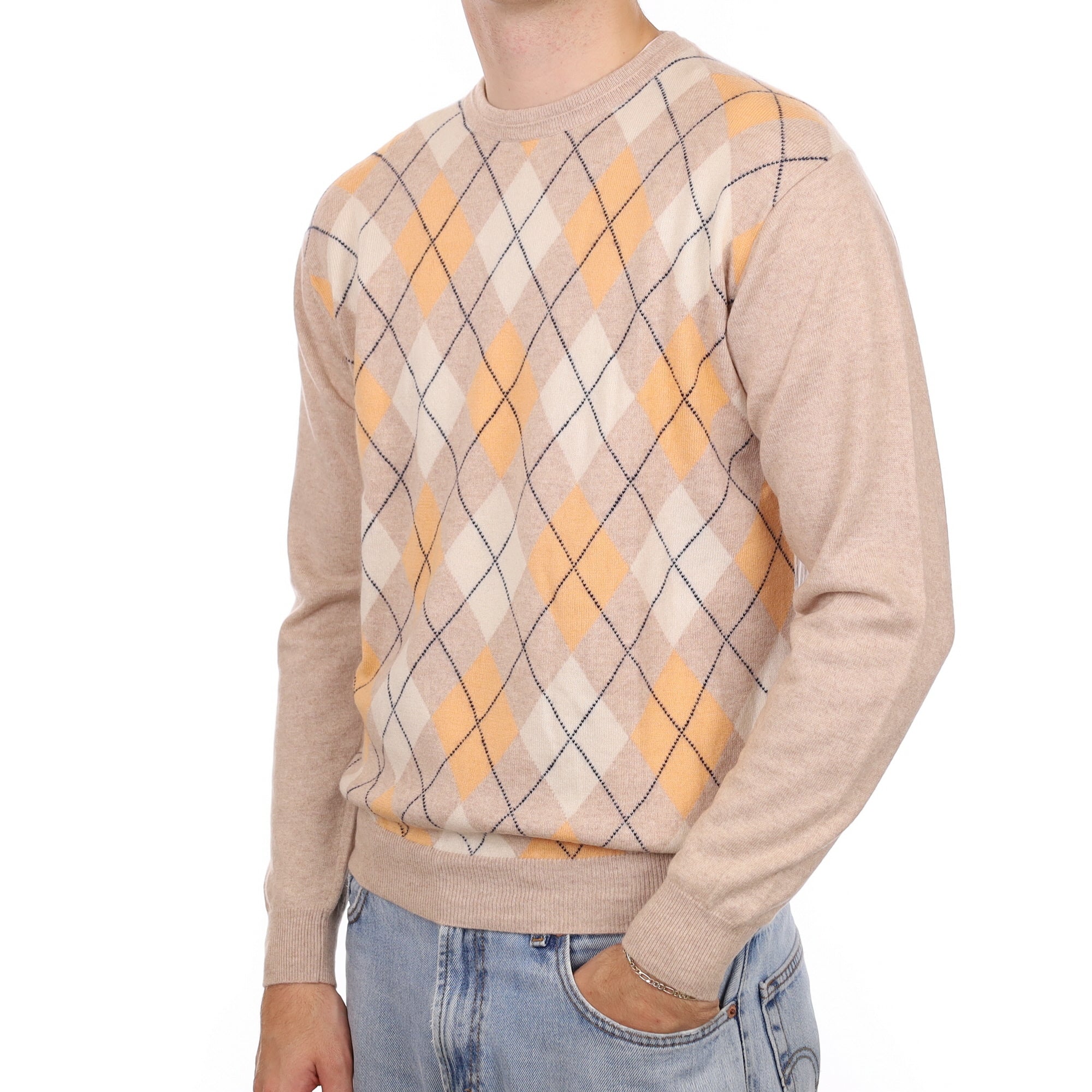 Men's Biscuit and Apricot Diamond Cashmere Crew Neck Jumper Large
