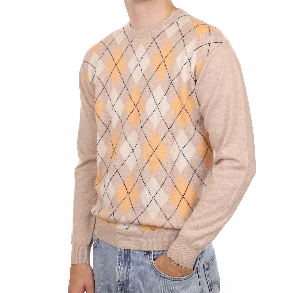 Men's Biscuit and Apricot Diamond Cashmere Crew Neck Jumper Large