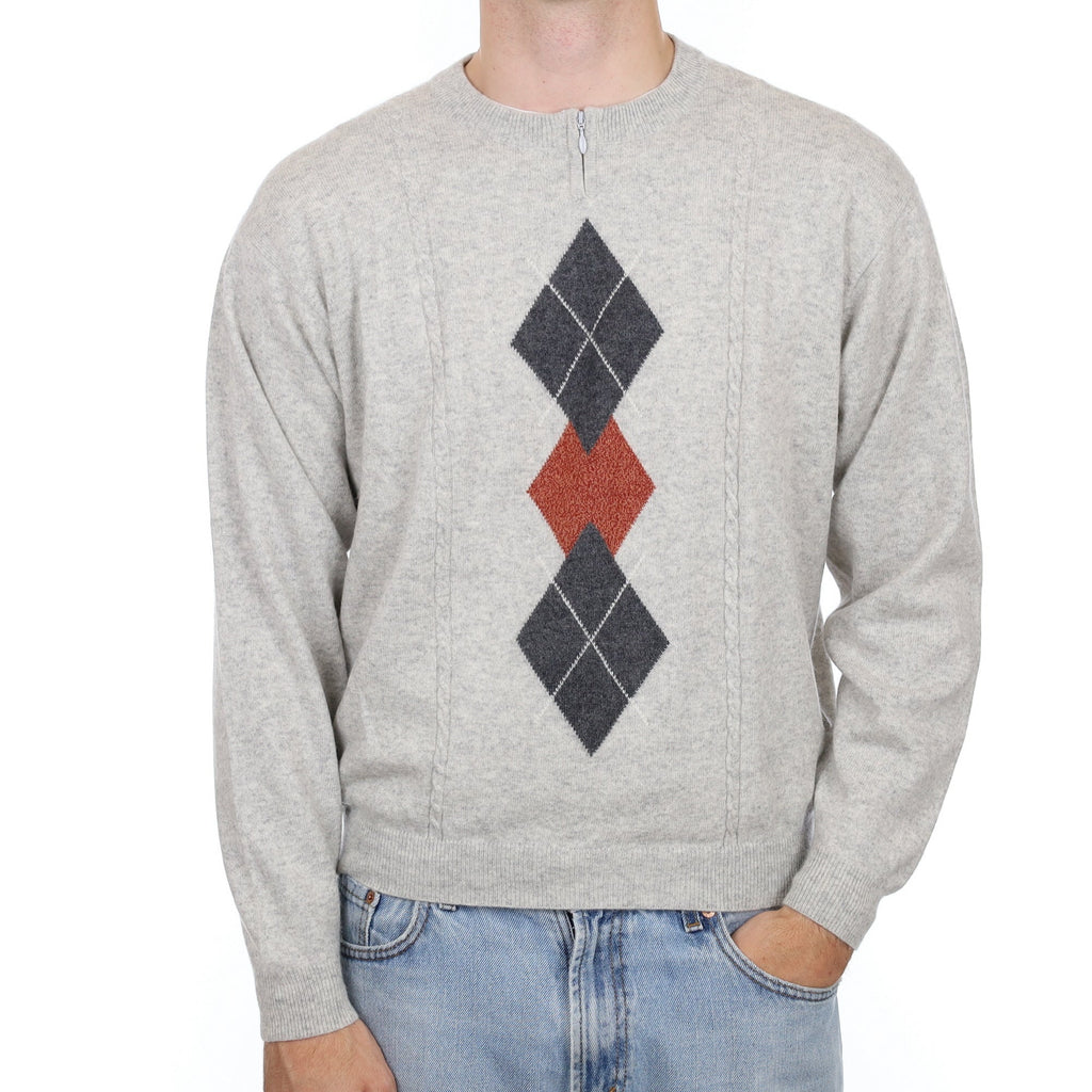 Men's Grey Diamond Cashmere Crew Neck Jumper with Zip Large