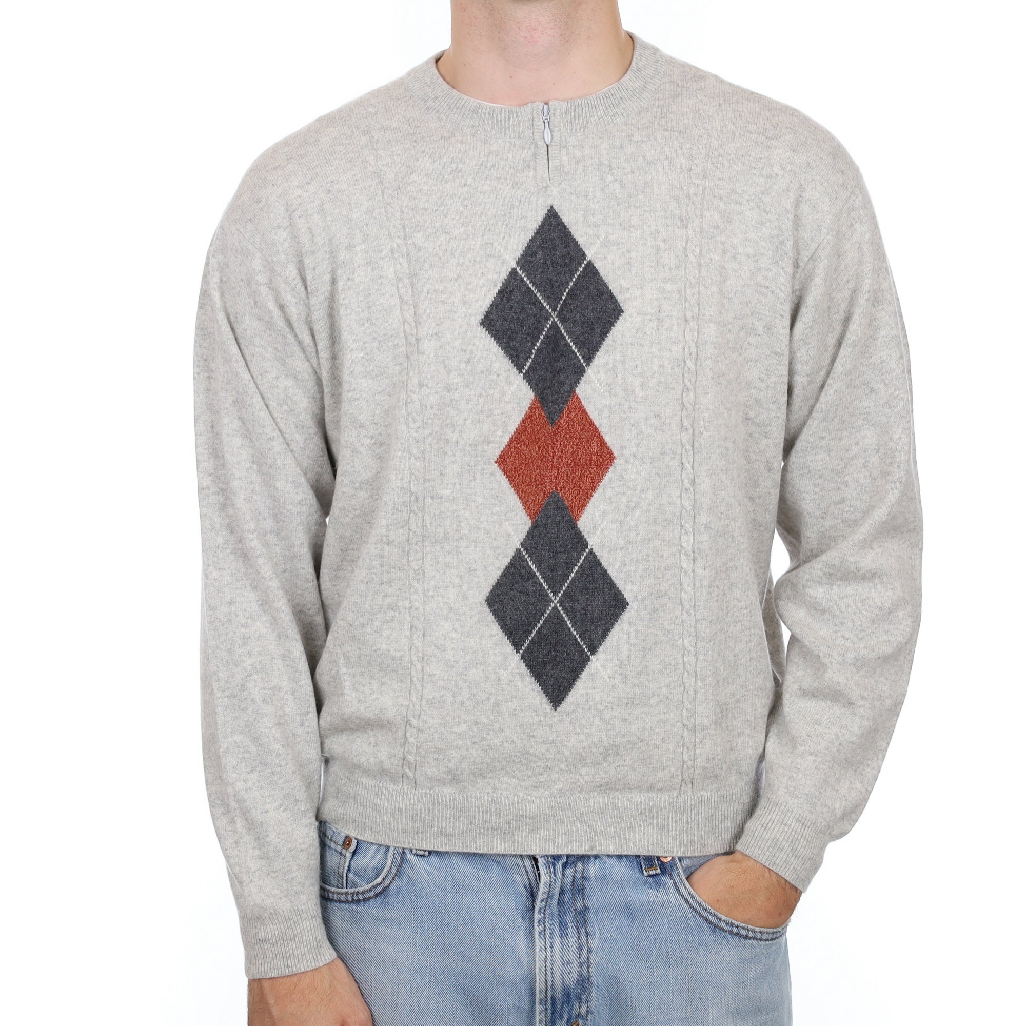 Men's Grey Diamond Cashmere Crew Neck Jumper with Zip Large