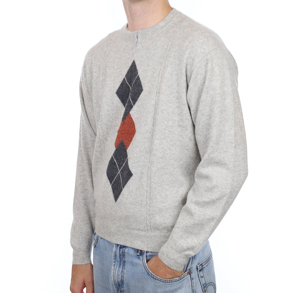 Men's Grey Diamond Cashmere Crew Neck Jumper with Zip Large
