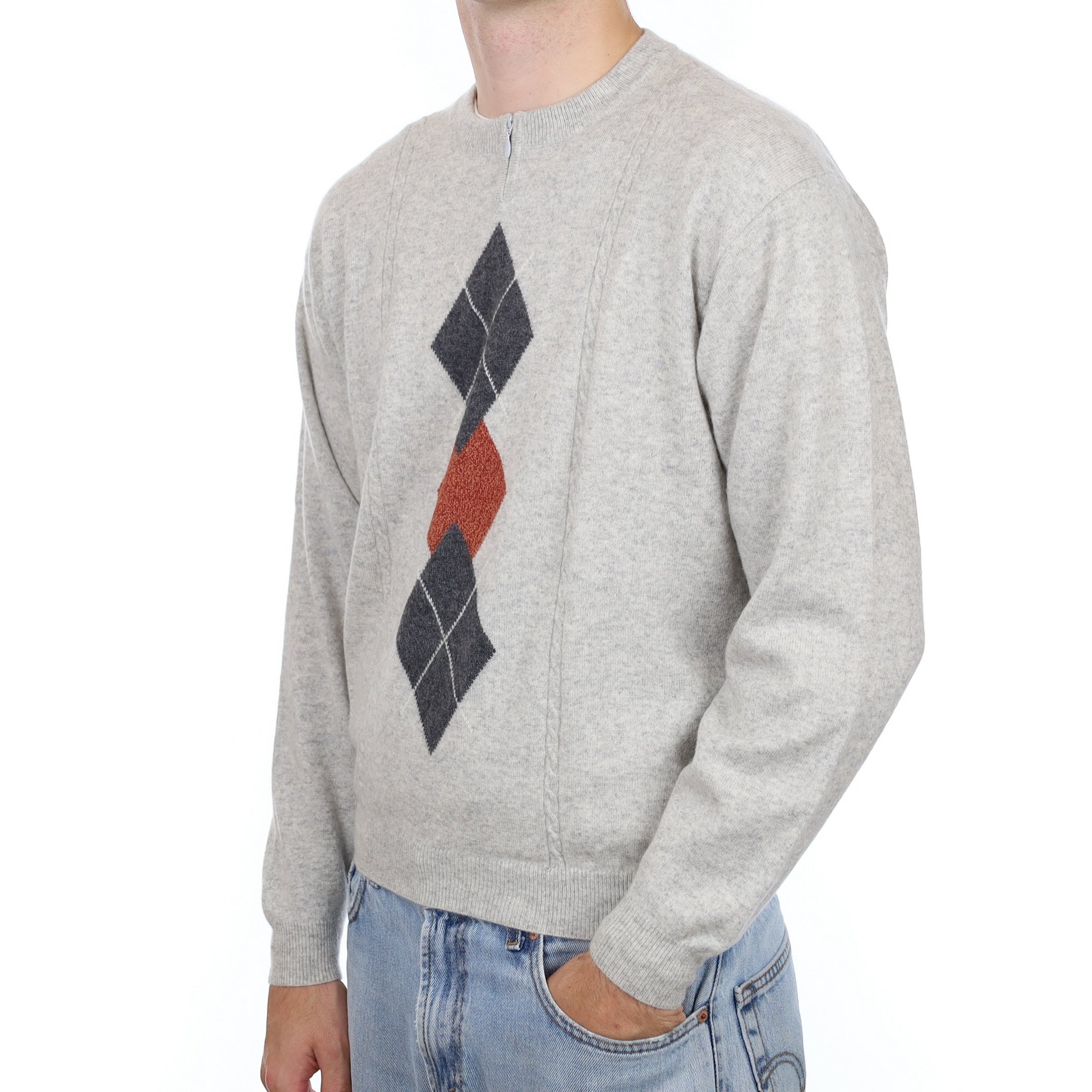 Men's Grey Diamond Cashmere Crew Neck Jumper with Zip Large