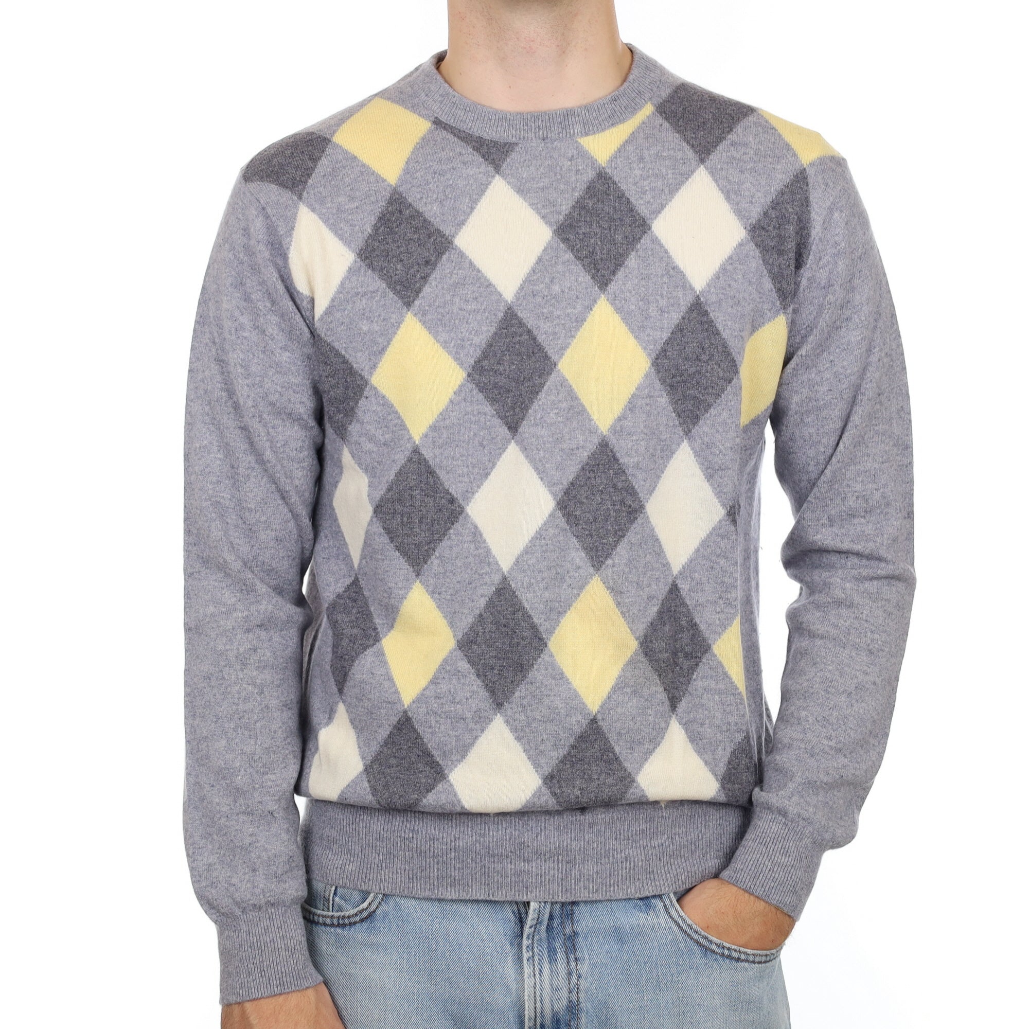 Men's Grey and Yellow Diamond Cashmere Crew Neck Jumper Large