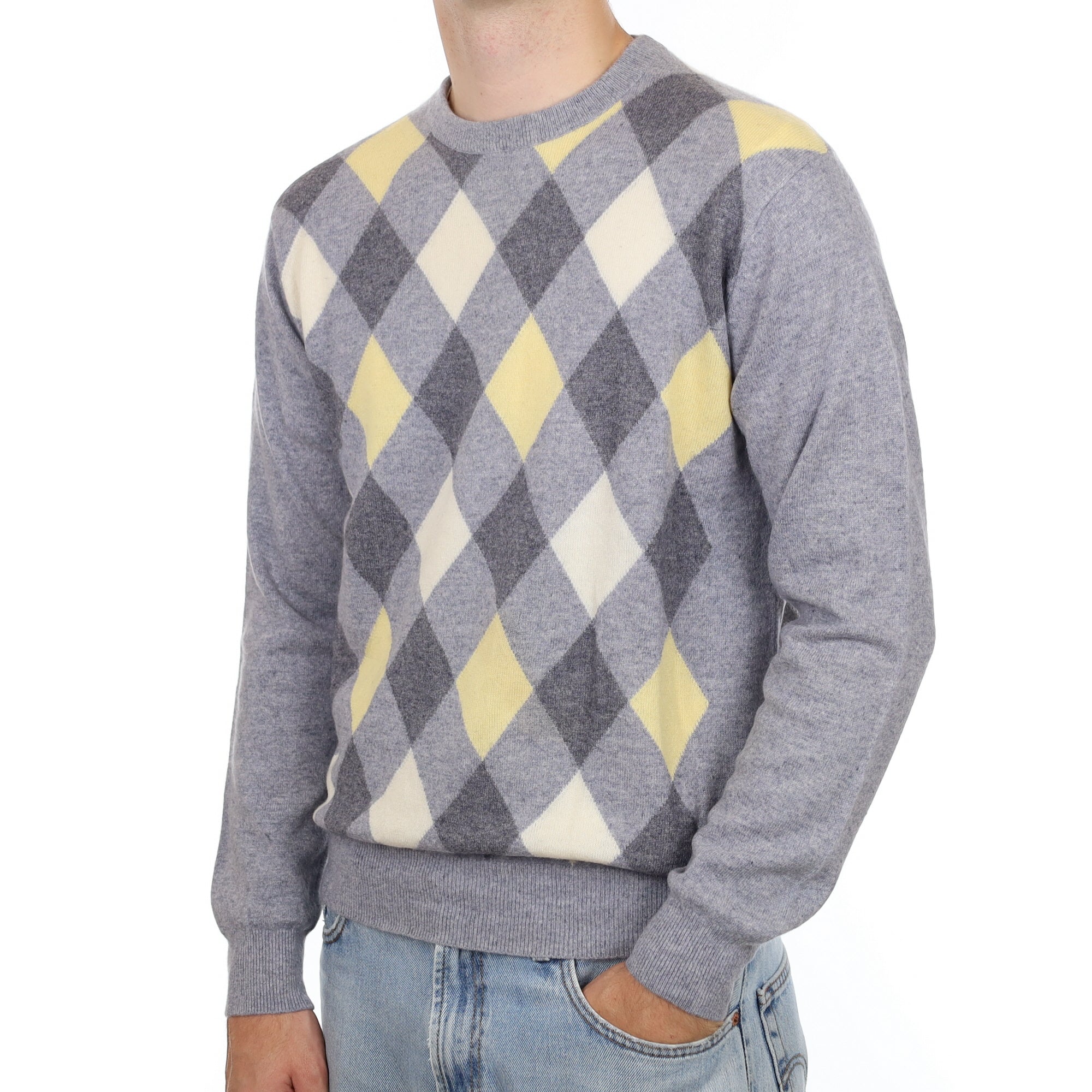 Men's Grey and Yellow Diamond Cashmere Crew Neck Jumper Large