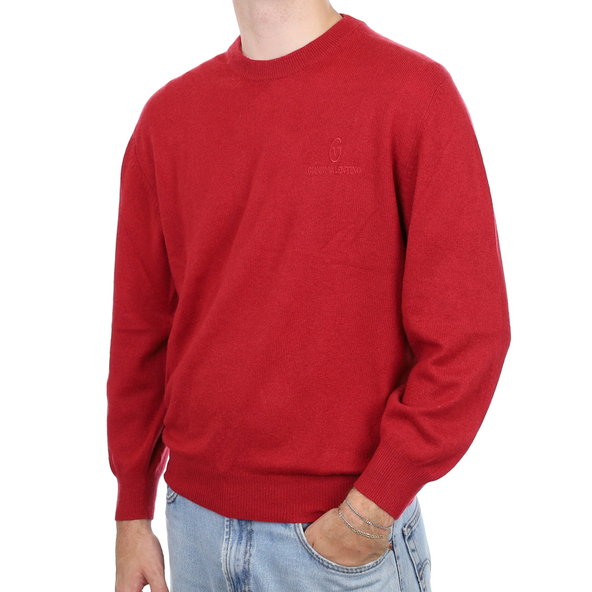Men's Italian Crimson Red Cashmere Crew Neck Jumper Large