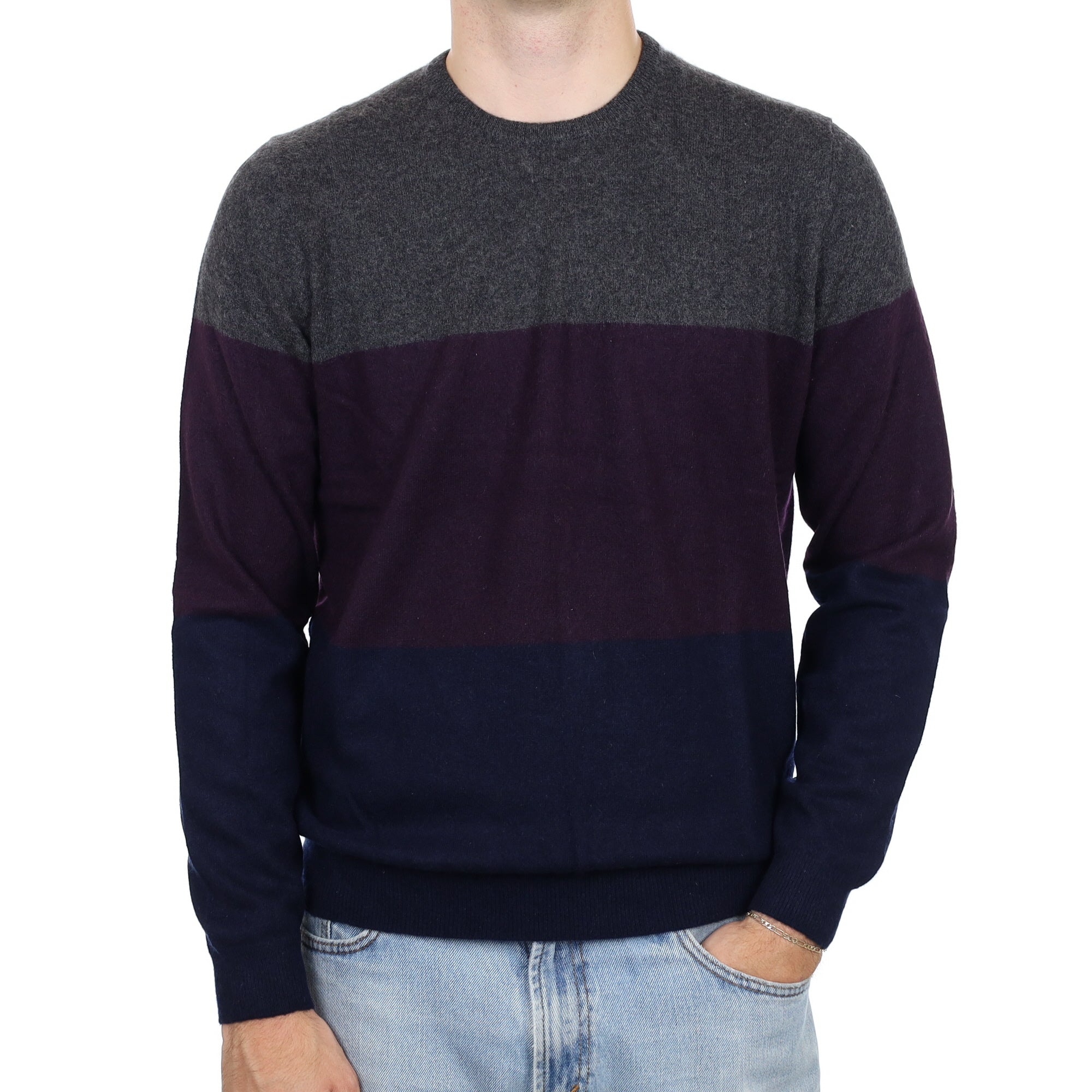 Men's Granite Blueberry and Navy Stripe Cashmere Crew Neck Jumper Large