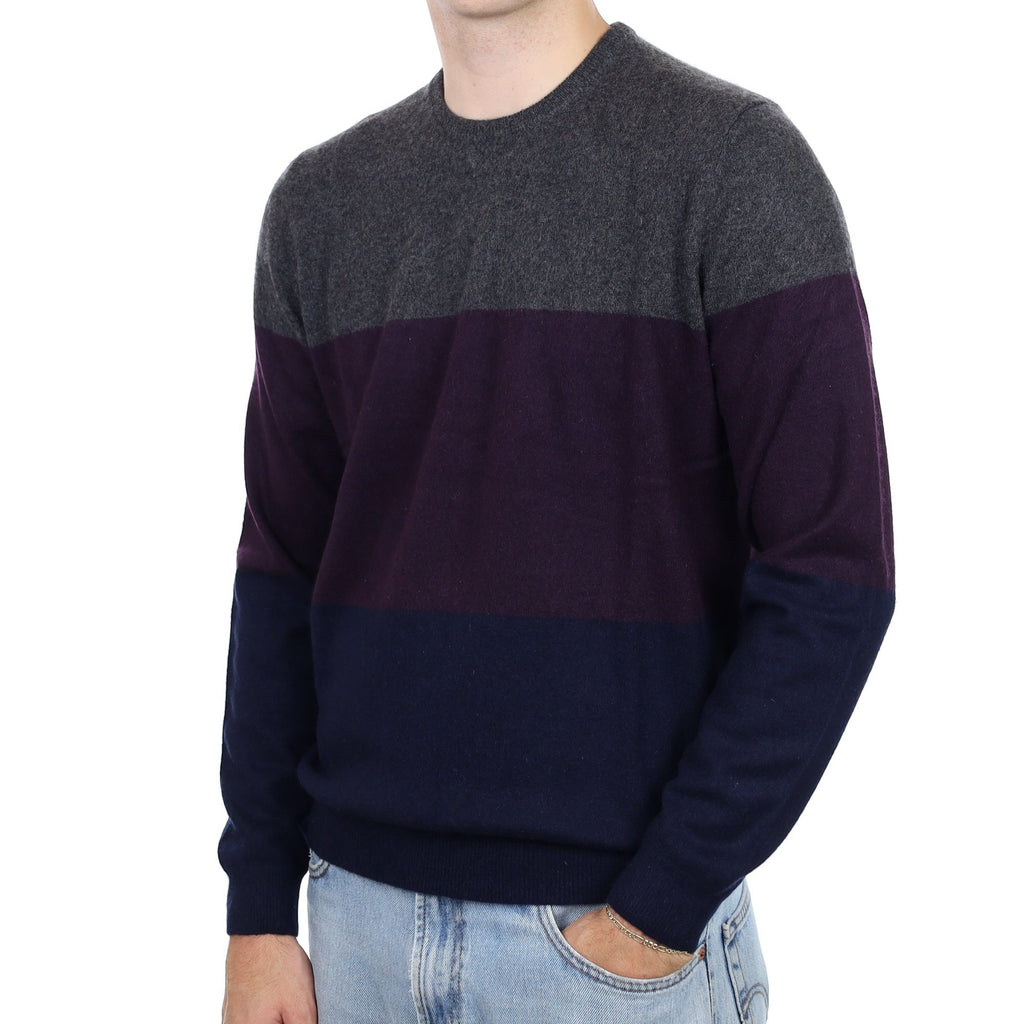 Men's Granite Blueberry and Navy Stripe Cashmere Crew Neck Jumper Large