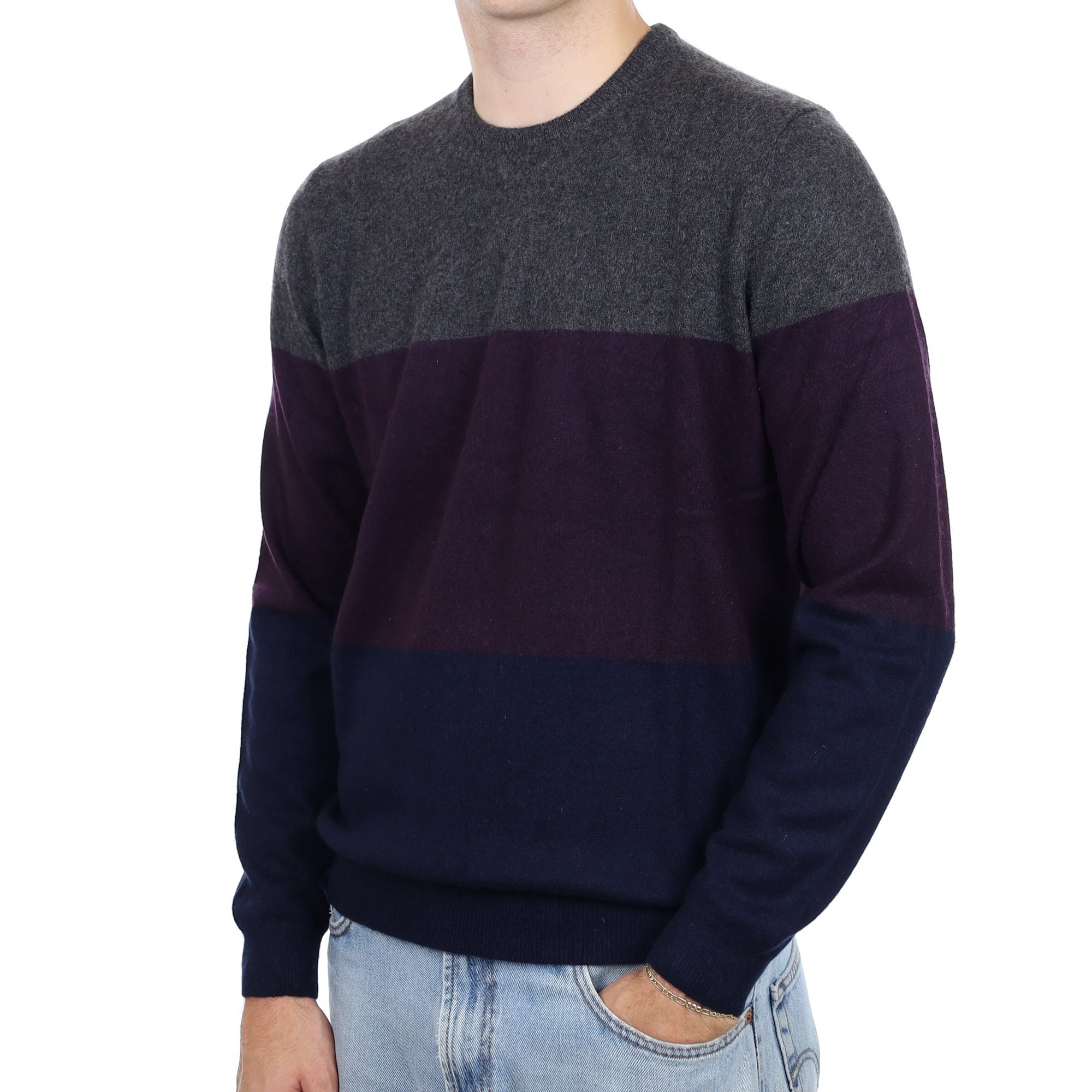 Men's Granite Blueberry and Navy Stripe Cashmere Crew Neck Jumper Large