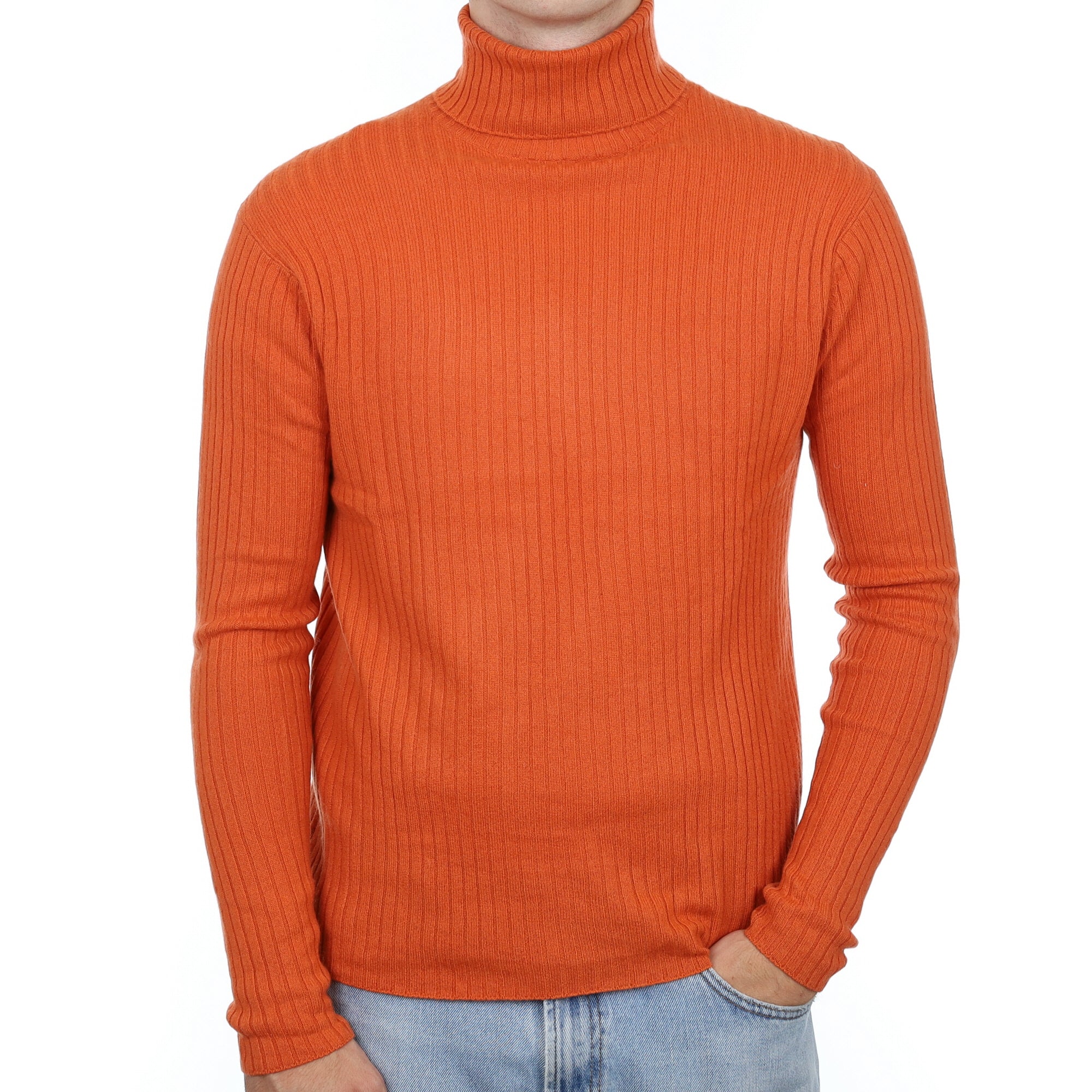 Men's Orange Ribbed Cashmere Polo Neck Jumper Large