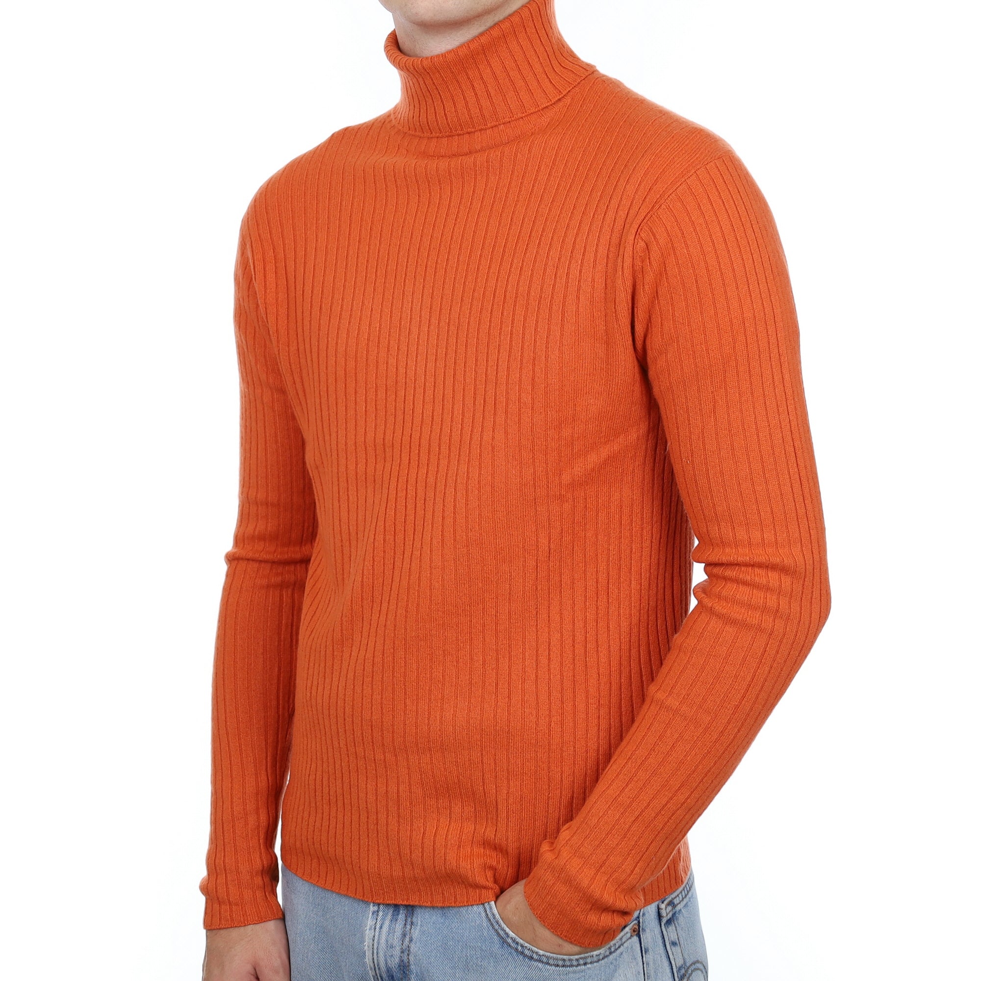 Men's Orange Ribbed Cashmere Polo Neck Jumper Large