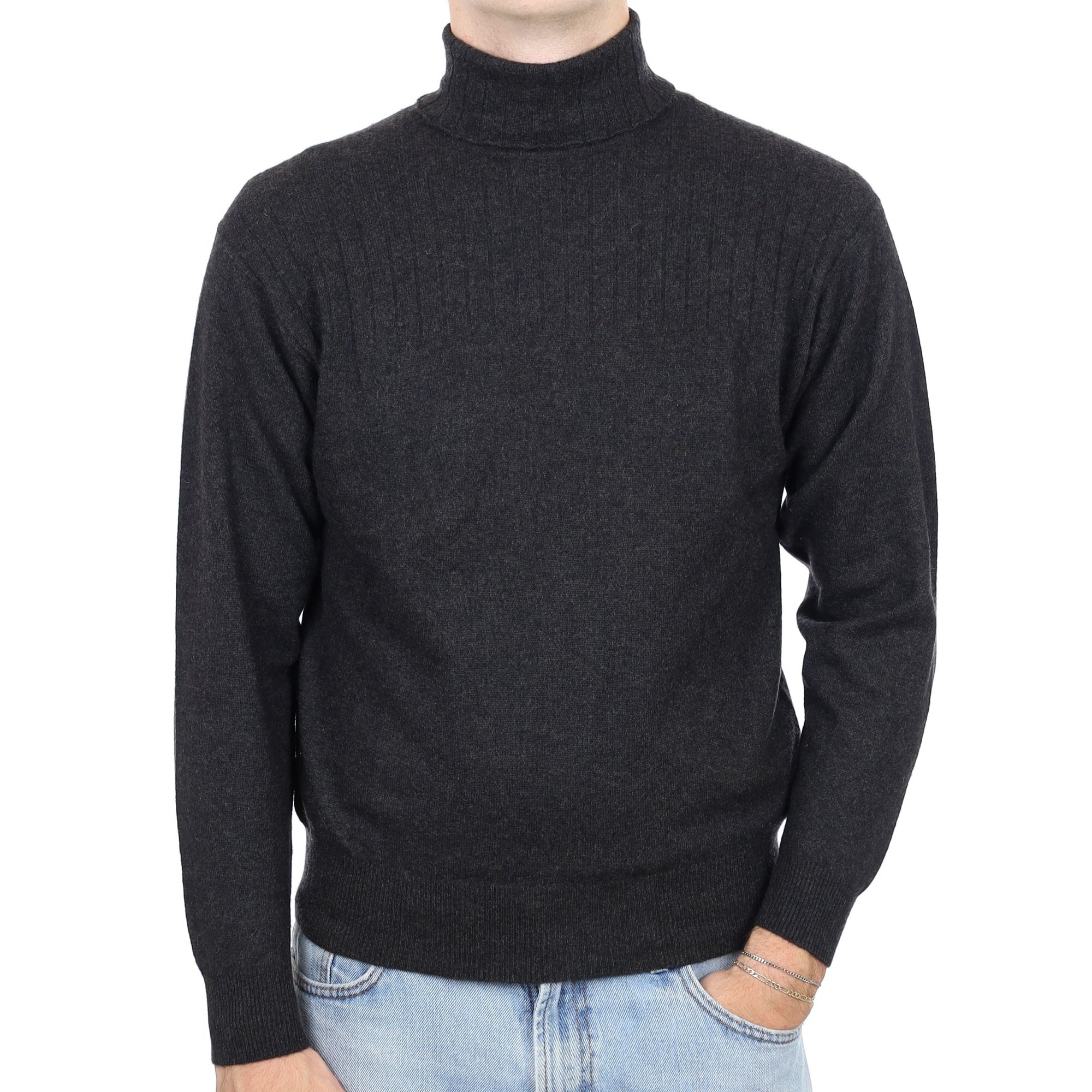Men's Charcoal Grey Cashmere Polo Neck Jumper Large