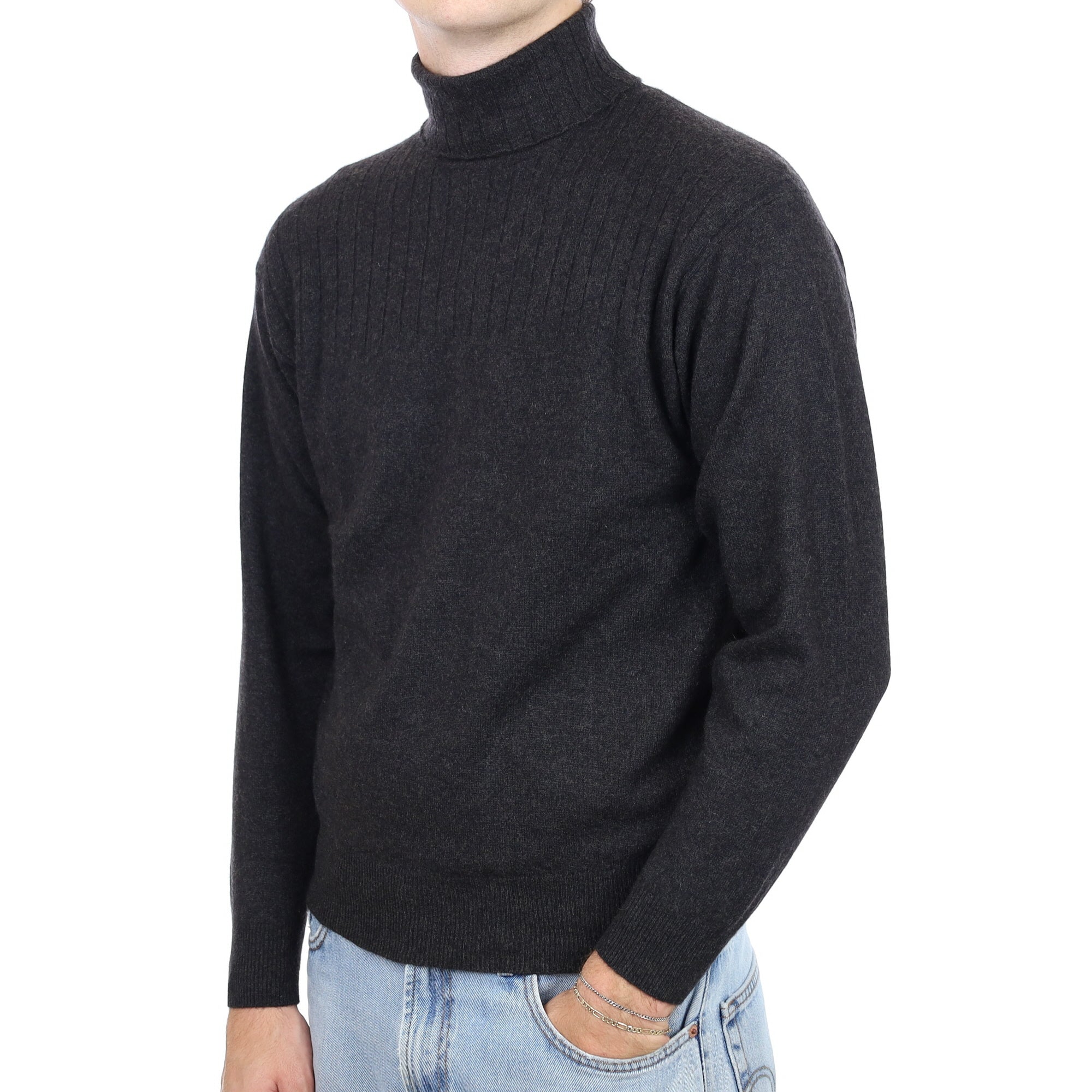 Men's Charcoal Grey Cashmere Polo Neck Jumper Large