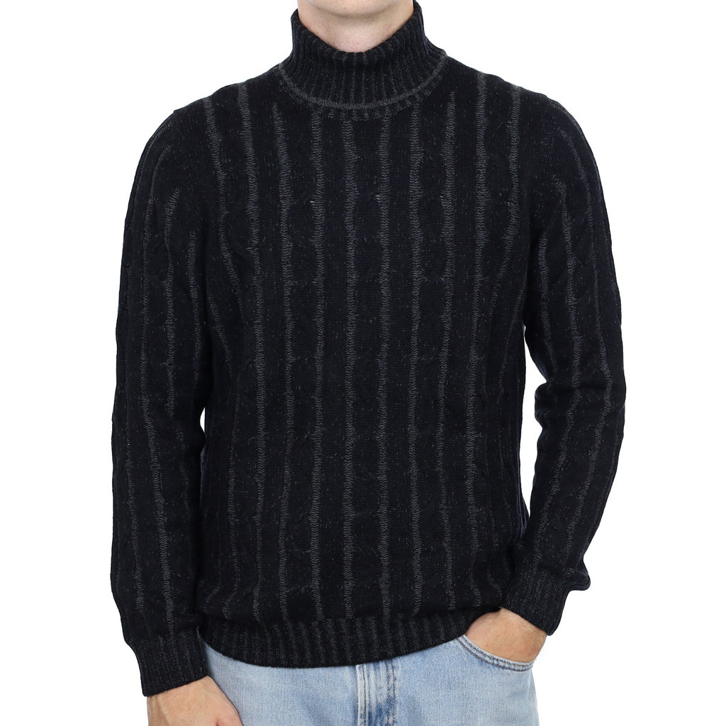 Men's Italian Black Cable Cashmere Polo Neck Jumper Large