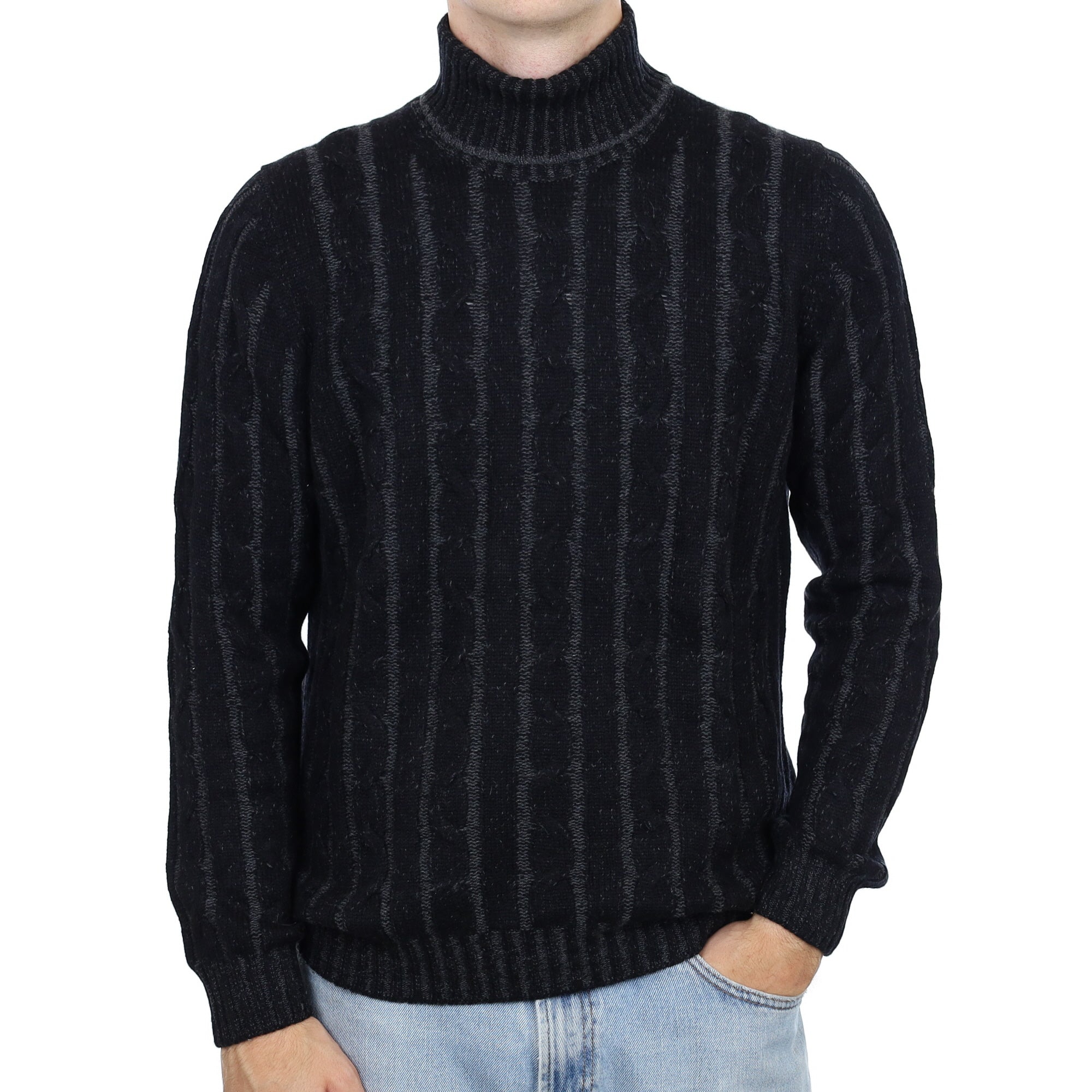 Men's Italian Black Cable Cashmere Polo Neck Jumper Large