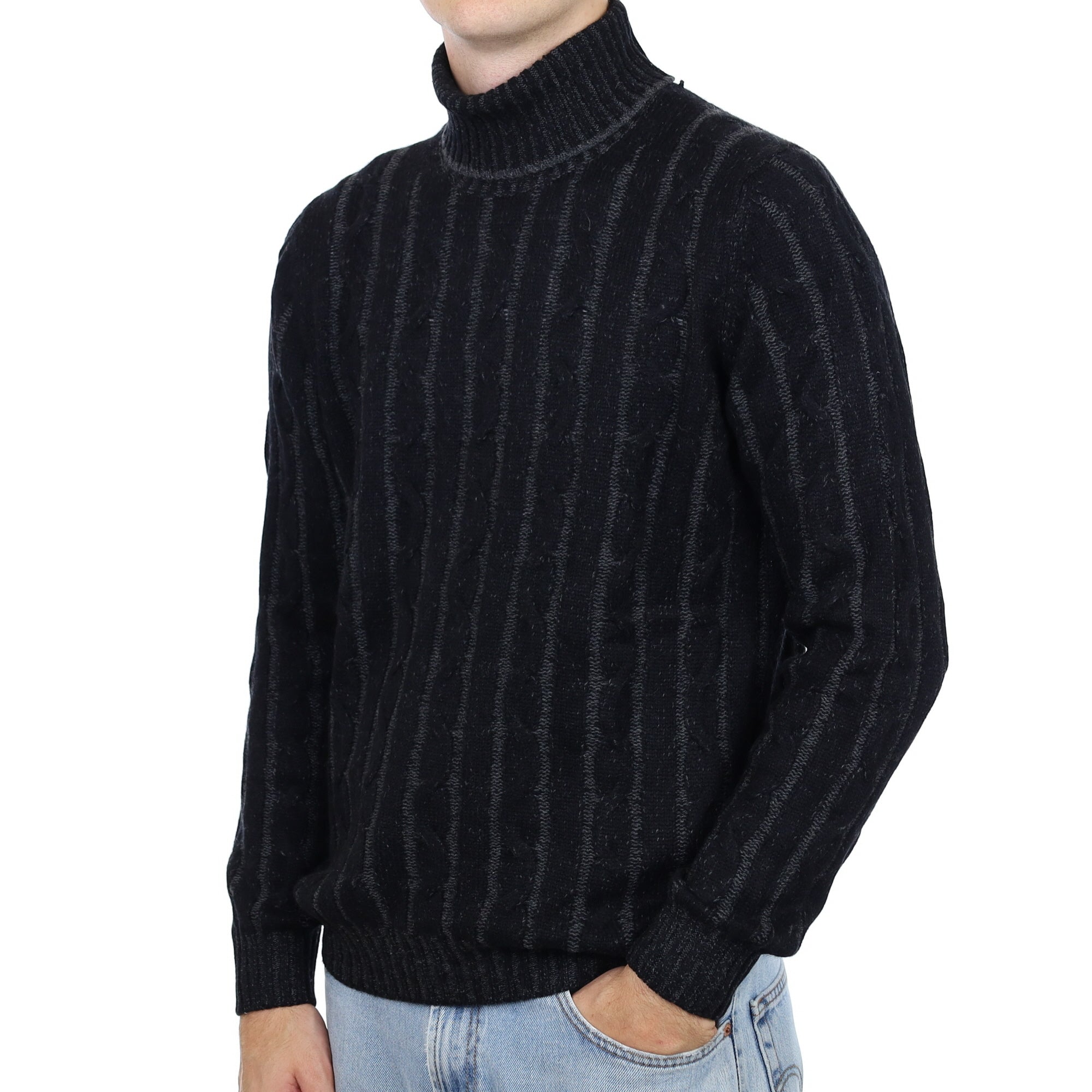 Men's Italian Black Cable Cashmere Polo Neck Jumper Large