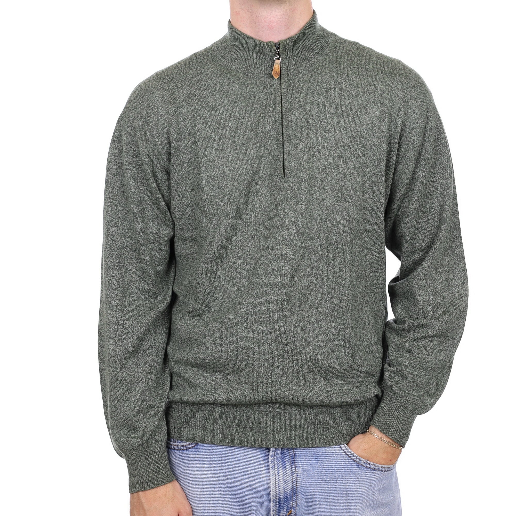 Men's Green Marl Cashmere 1/4 Zip Jumper Large