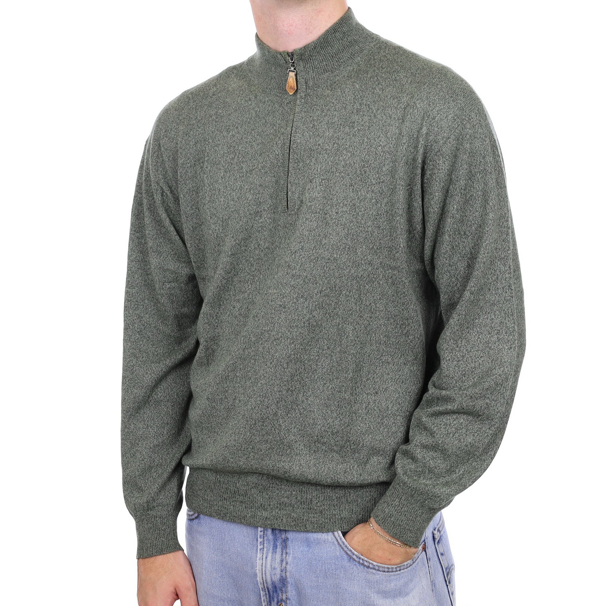 Men's Green Marl Cashmere 1/4 Zip Jumper Large