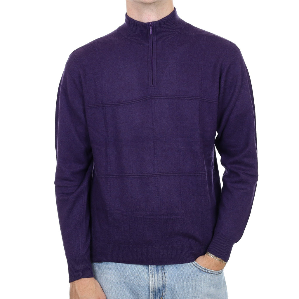 Men's Deep Purple Textured Cashmere 1/4 Zip Jumper Large