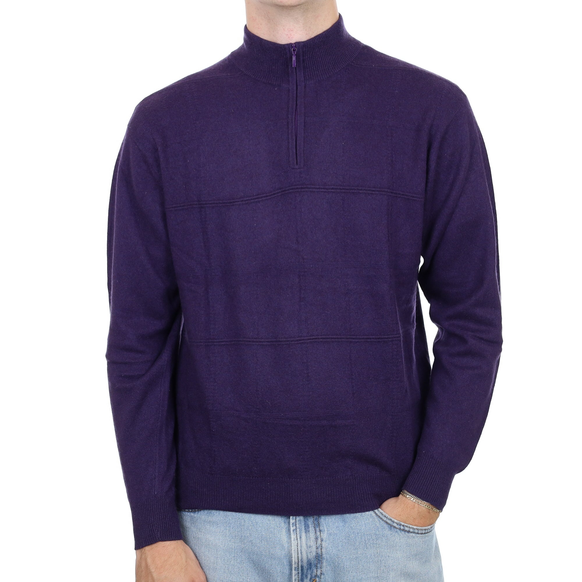 Men's Deep Purple Textured Cashmere 1/4 Zip Jumper Large