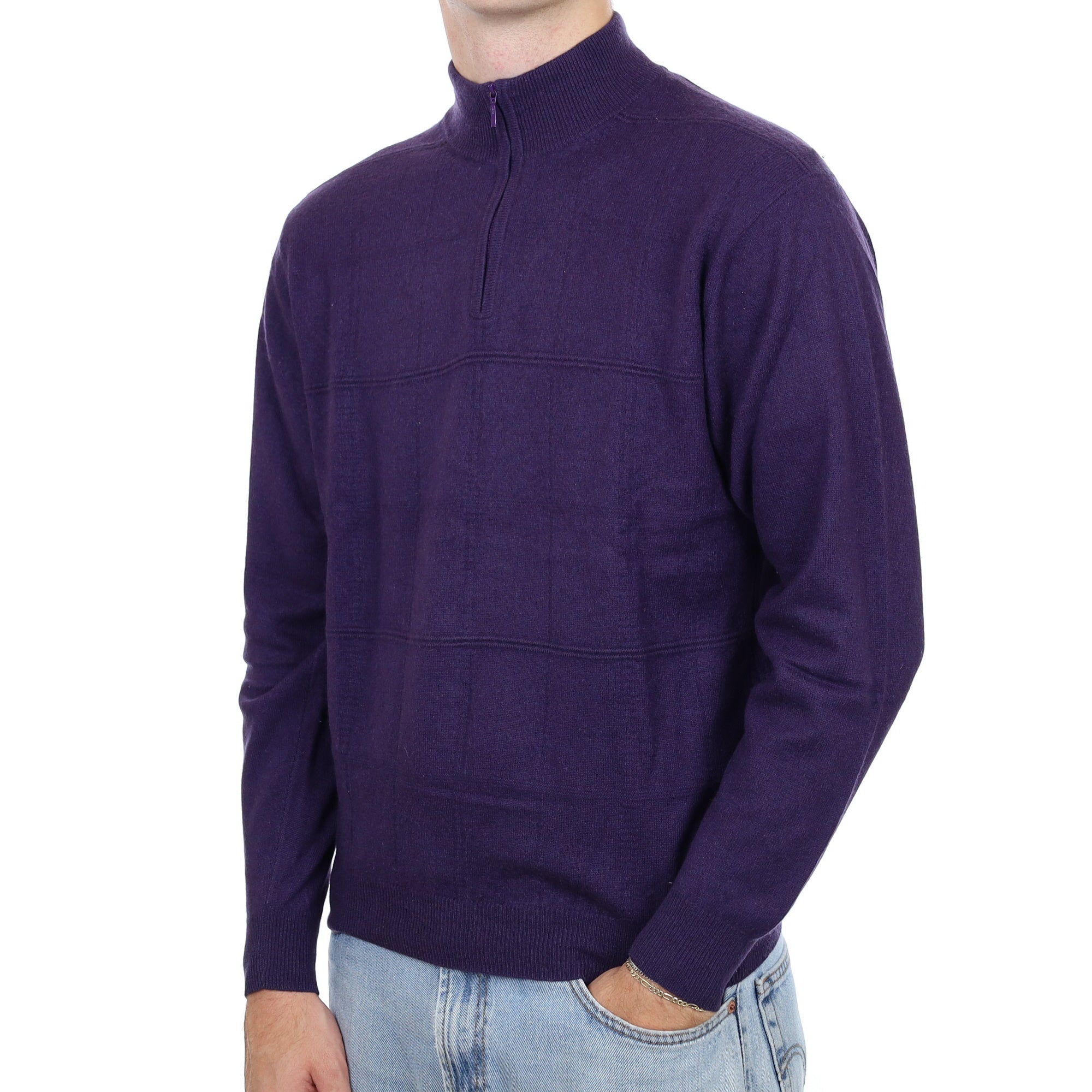 Men's Deep Purple Textured Cashmere 1/4 Zip Jumper Large