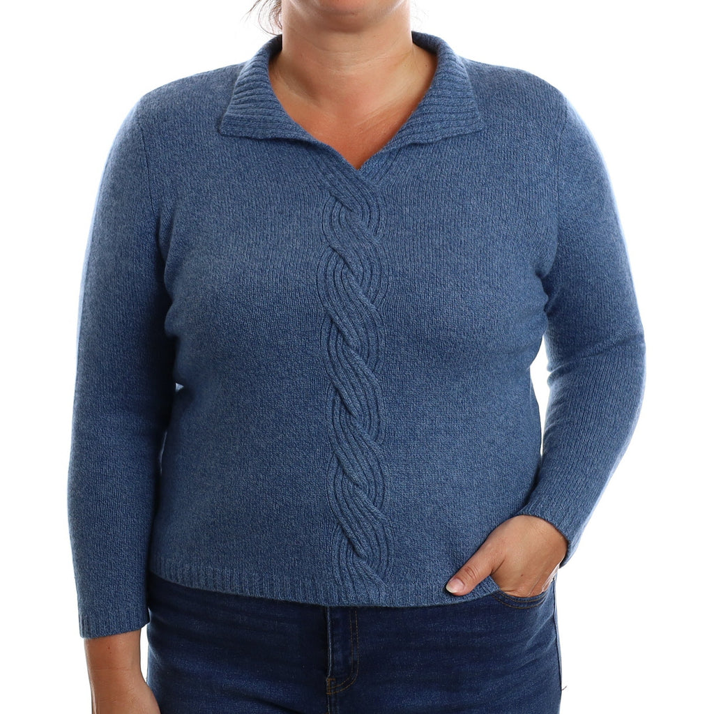 Denim Blue Cable Detail Cashmere Notch Turtle Neck Jumper Large