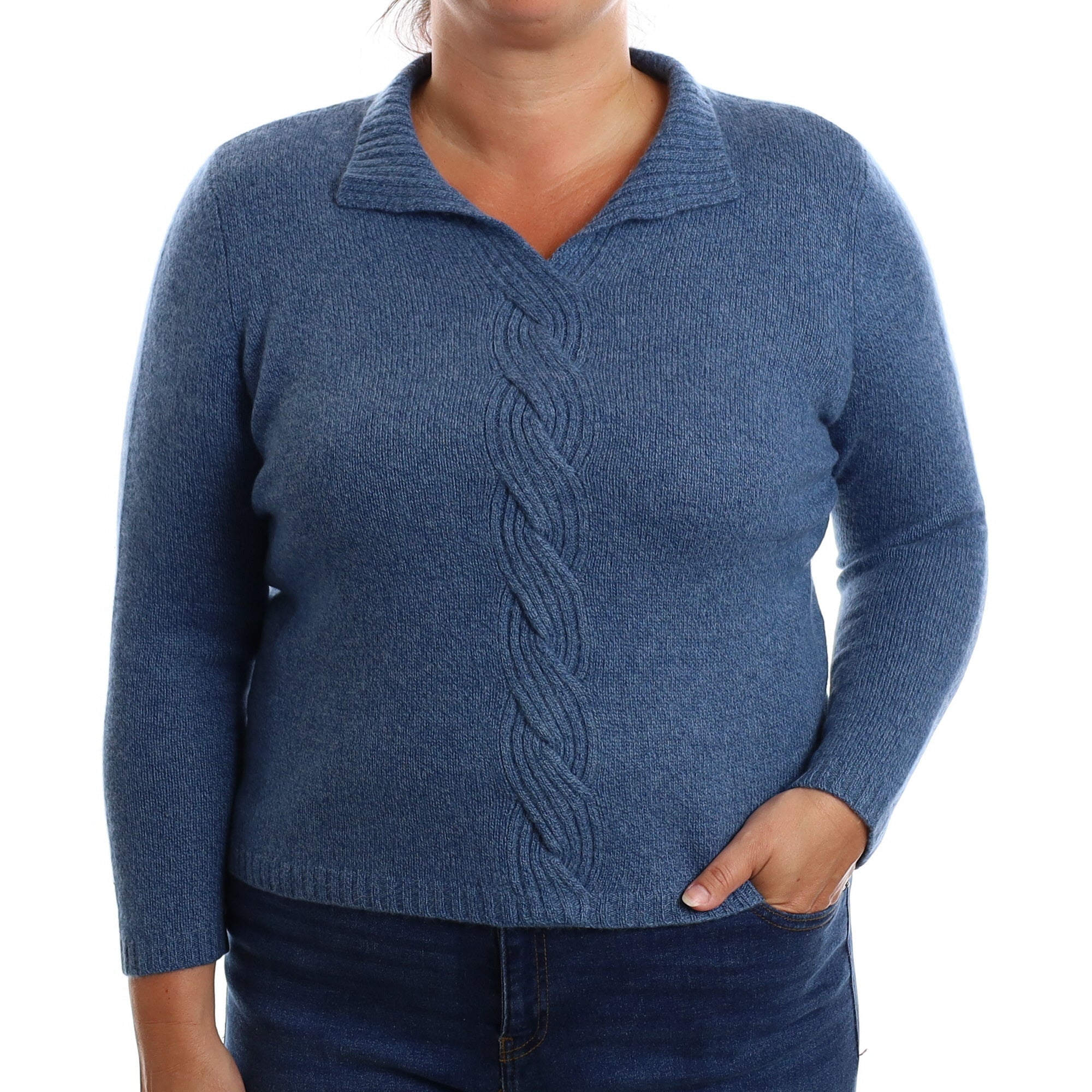 Denim Blue Cable Detail Cashmere Notch Turtle Neck Jumper Large