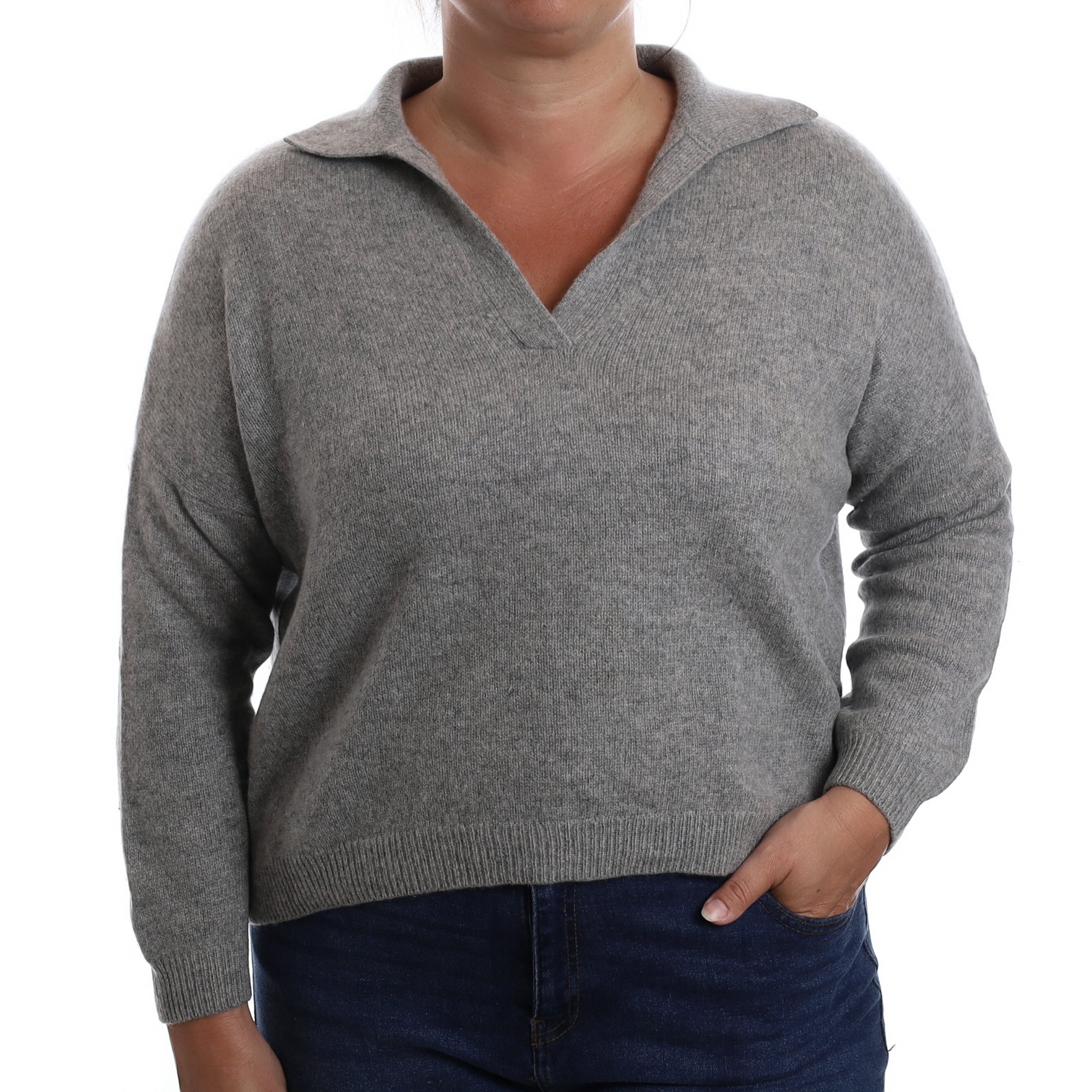 Ash Grey Cashmere Collard V Neck Jumper Large