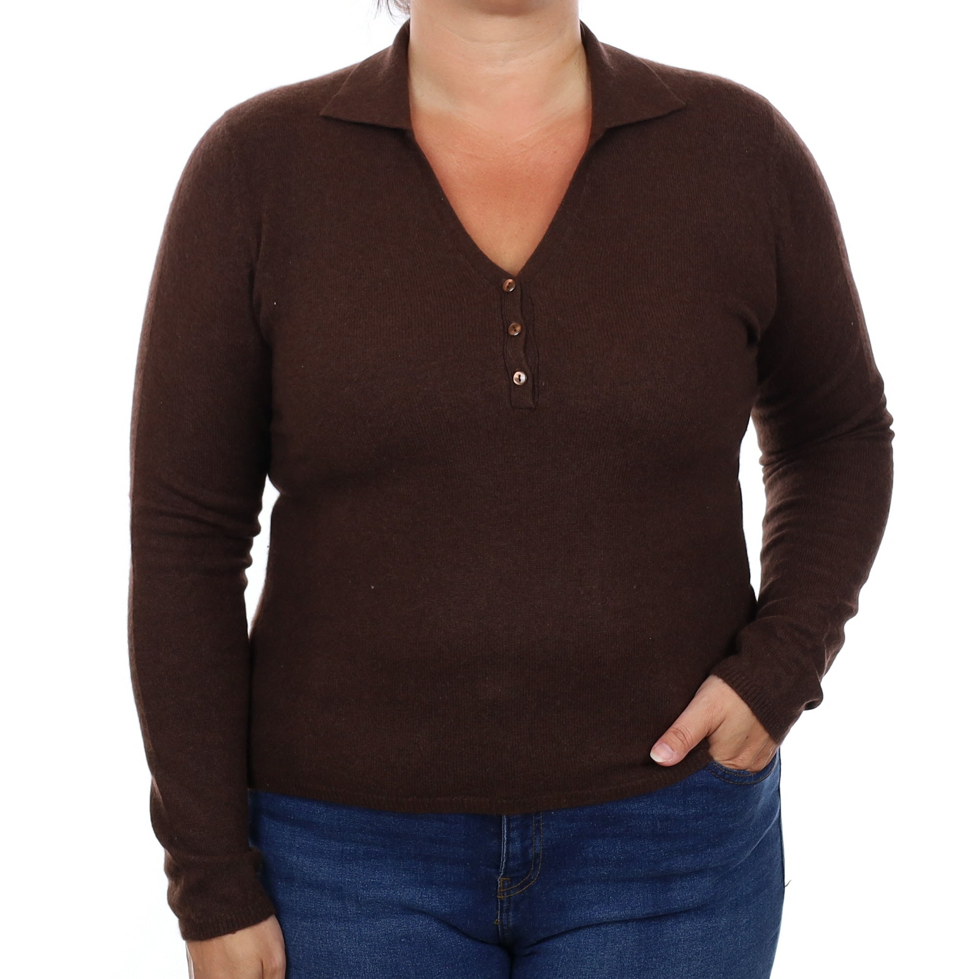 Chocolate Brown Cashmere Collard V Neck Jumper Large