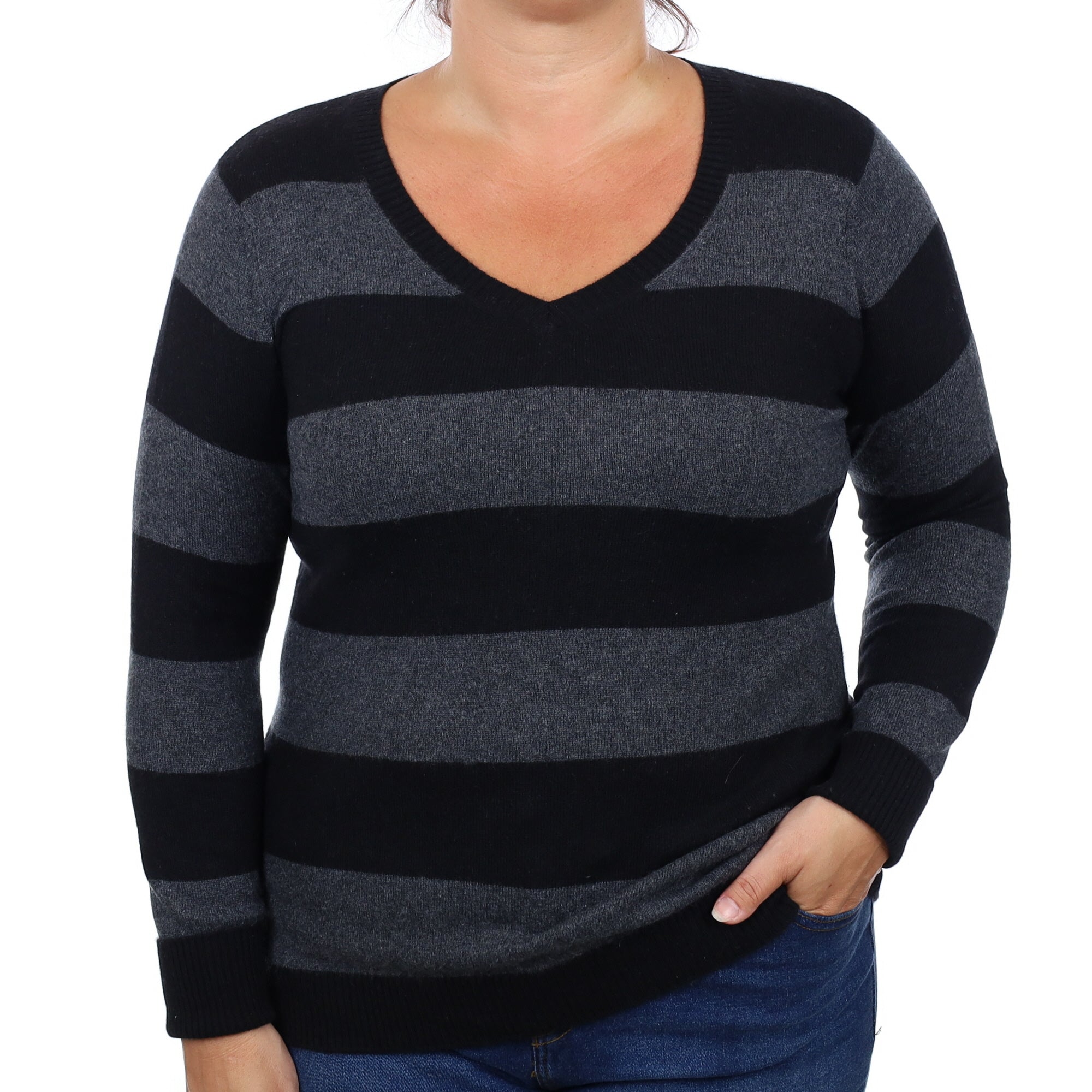 Black and Grey Striped Cashmere V Neck Jumper Large