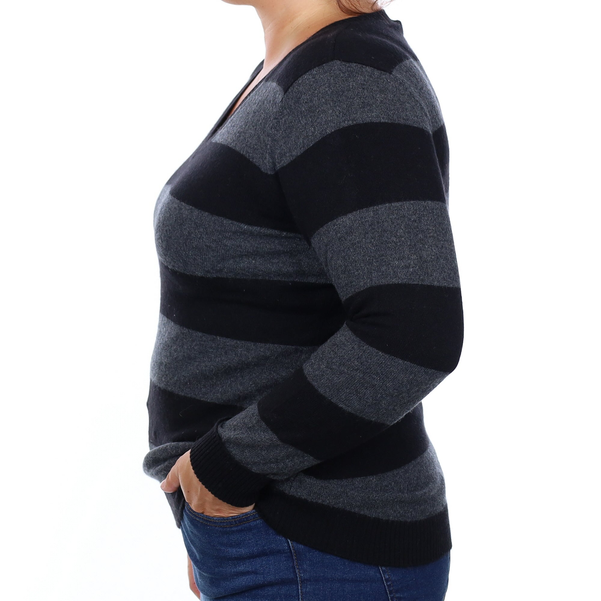 Black and Grey Striped Cashmere V Neck Jumper Large