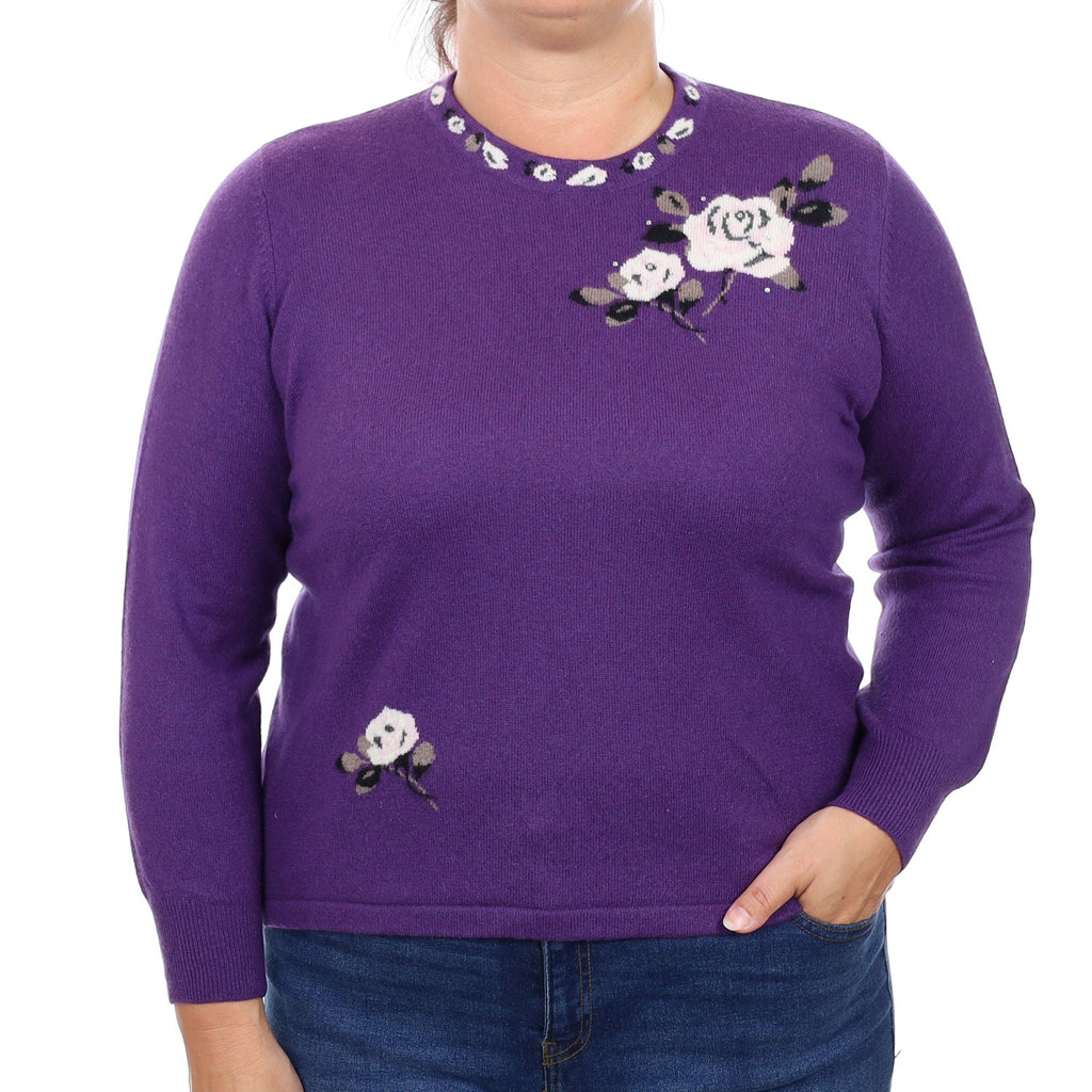 Purple Floral Cashmere Crew Neck Jumper Large