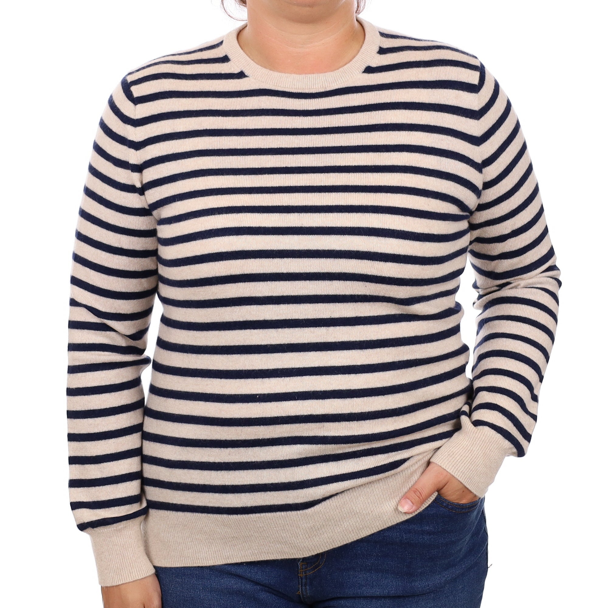 Oatmeal and Navy Striped Cashmere Crew Neck Jumper Large