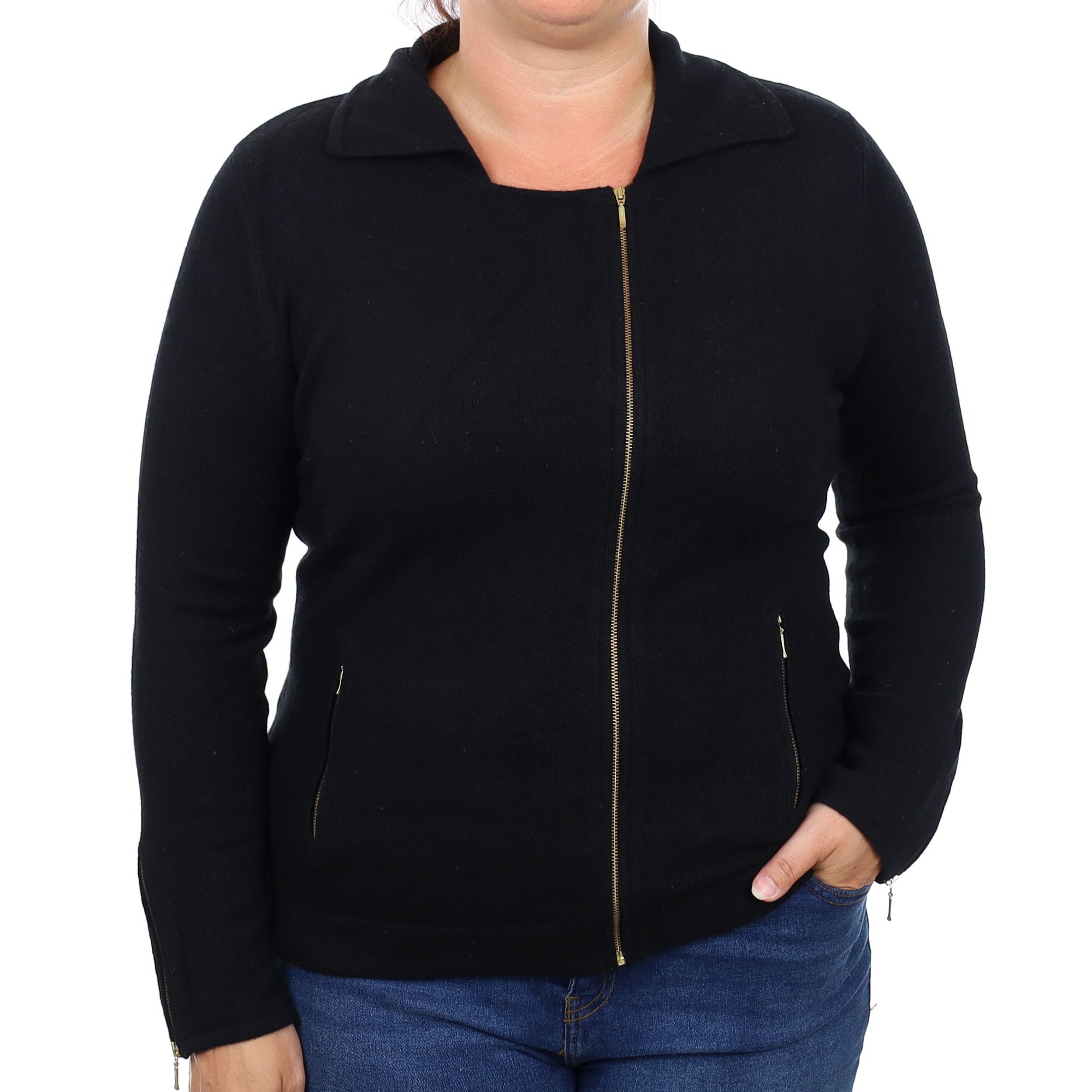 Black Cashmere Zip Up Collard Cardigan Large