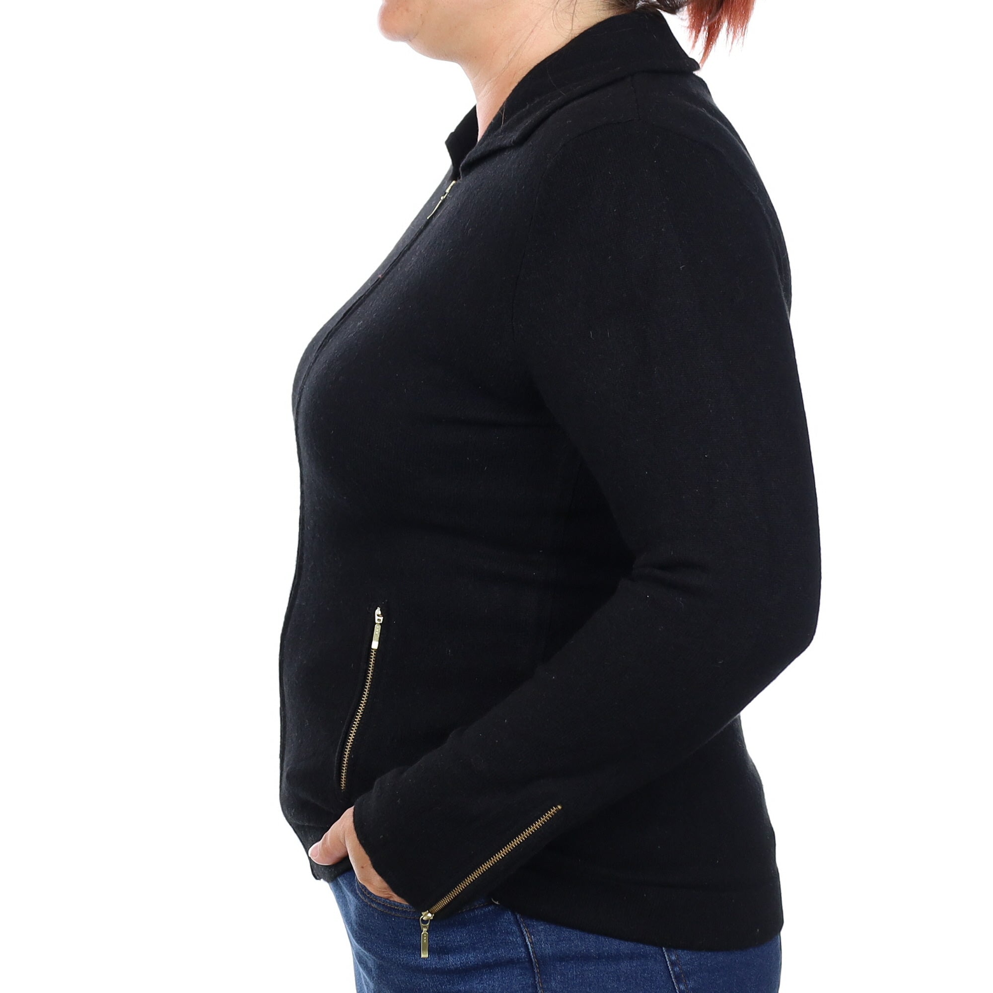 Black Cashmere Zip Up Collard Cardigan Large